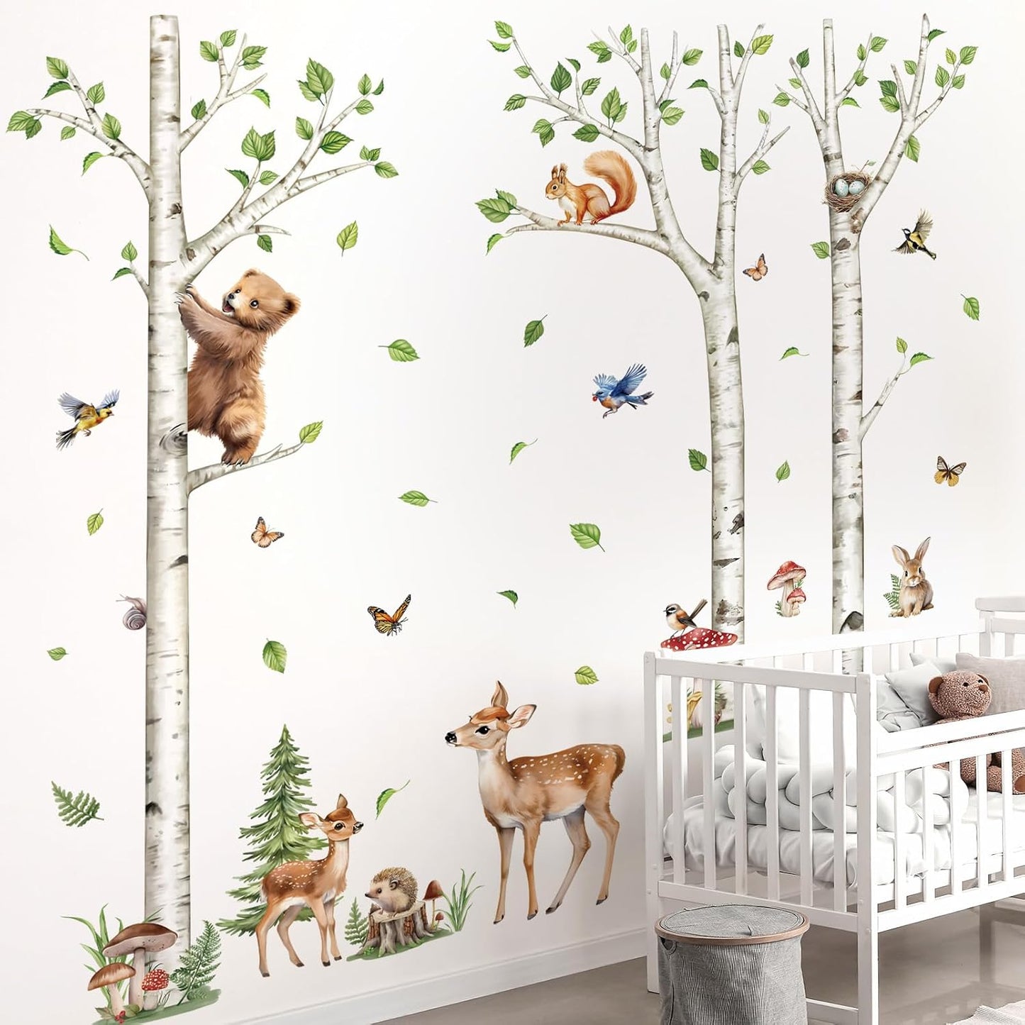 Large Birch Tree Wall Decals Woodland Animals Bear Deer Rabbit Wall Stickers Living Room / White