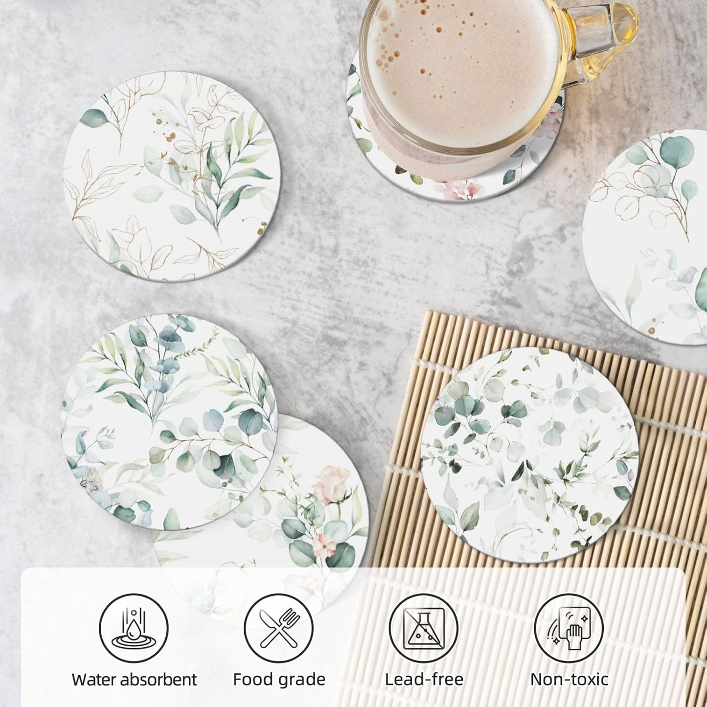 Holder / Coasters for Drinks Absorbent / Abstract Watercolor Floral Green Leaves