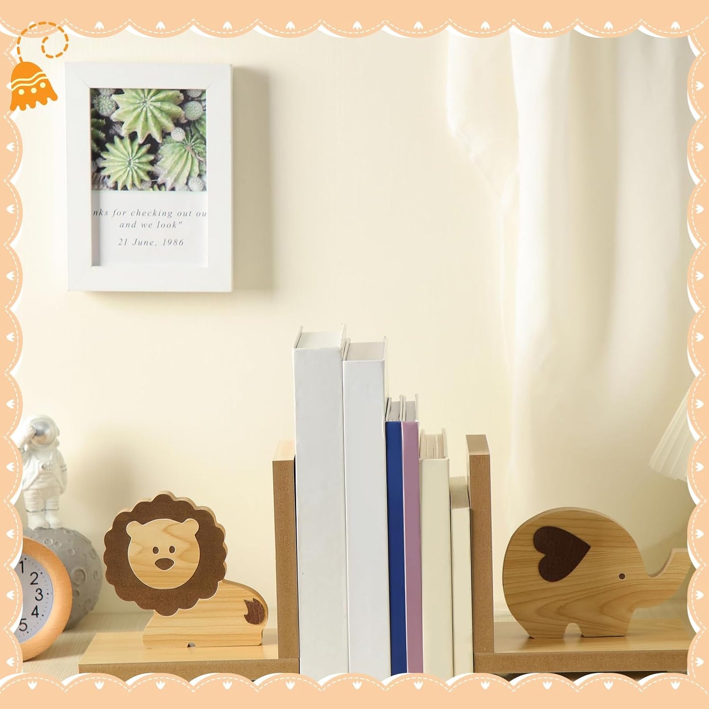 Animal Bookends for Kids Wooden Decor Safari Bookends Decor for Girl / Lion Elephant / Set of 2
