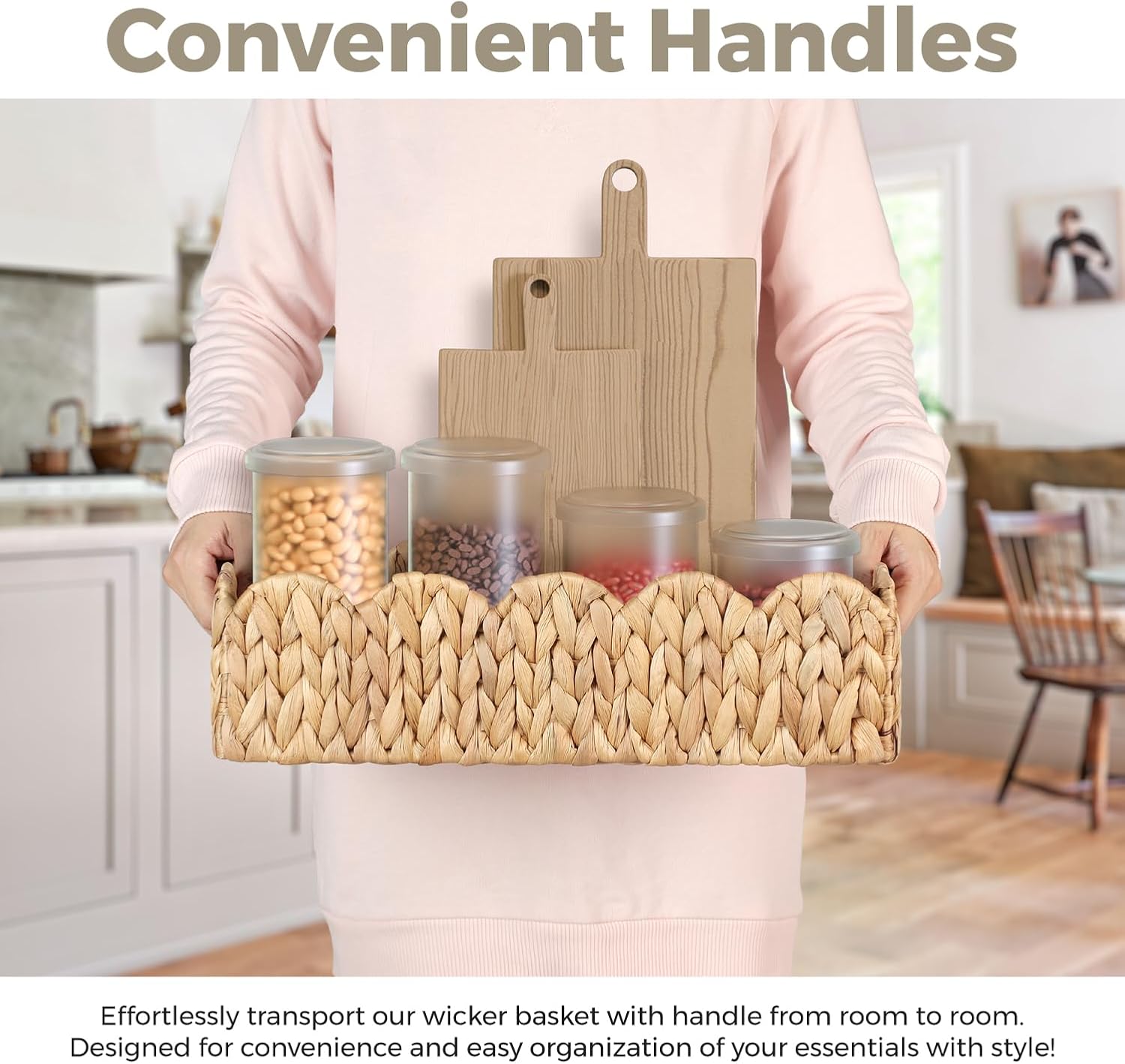 Handwoven Water Hyacinth Scalloped Countertop Storage Basket / Natural