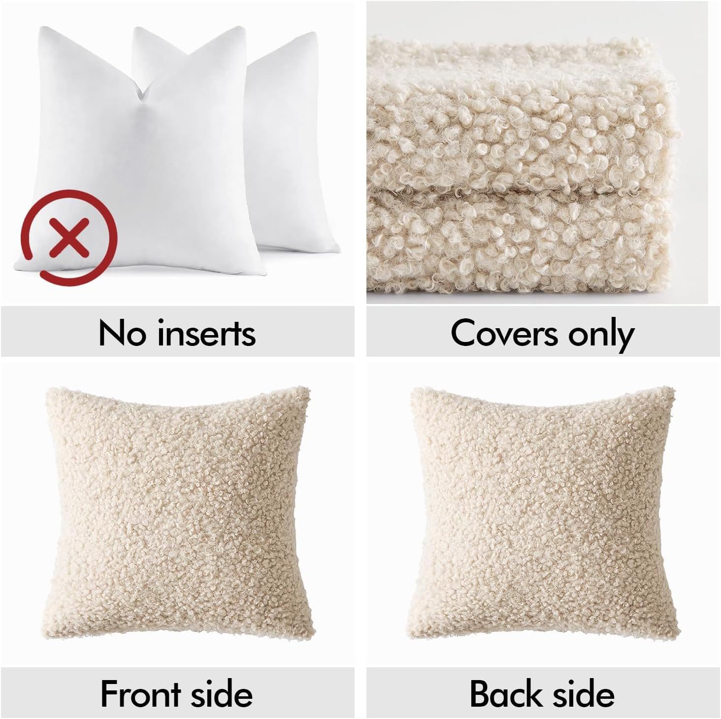 Teddy Faux Fur Throw Pillow Covers Soft Fuzzy Sherpa / Neutral Light Beige / 18 x 18 / Set of 2