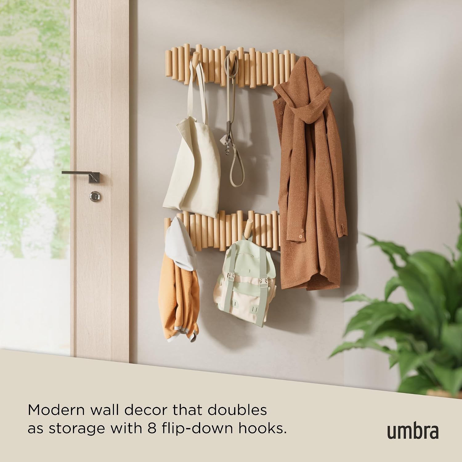 Flip-Down Wooden Hooks / Natural / 8-hook