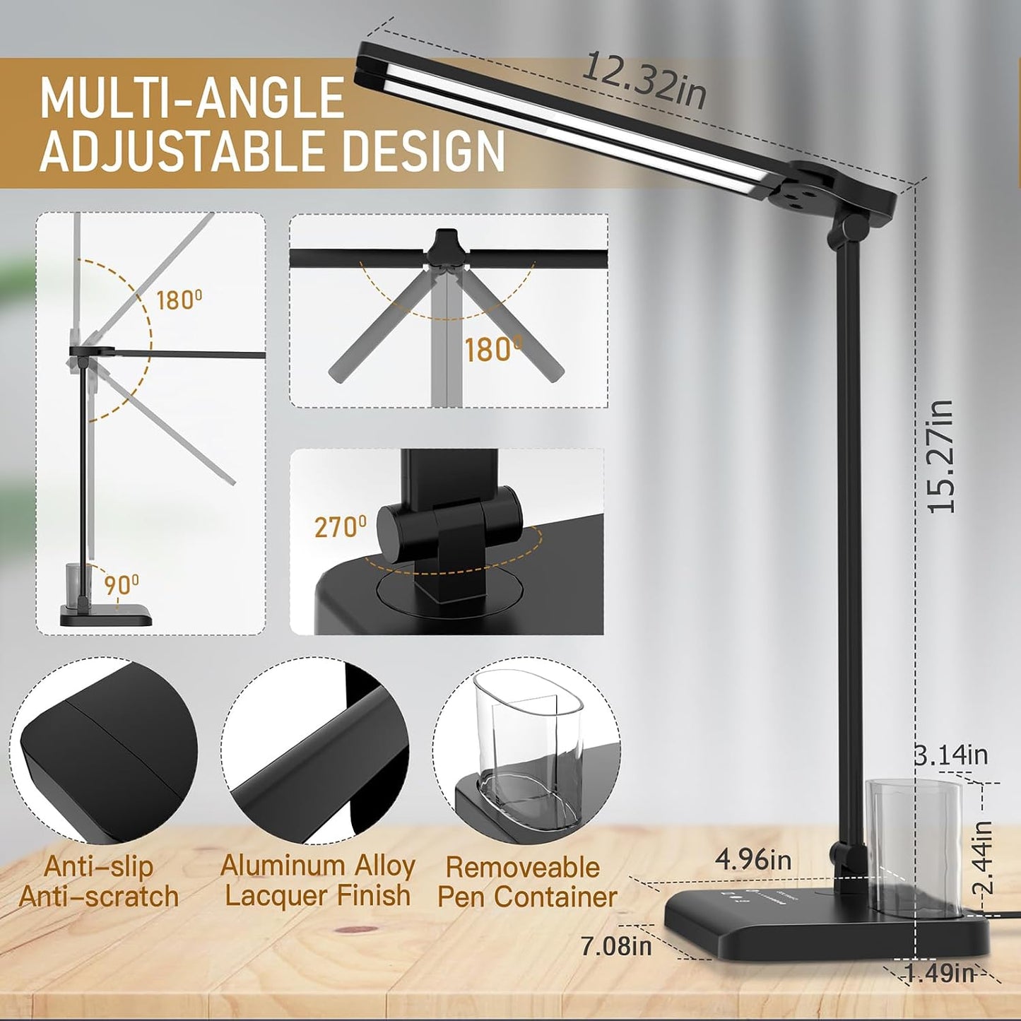 Dimmable LED Desk Lamp with USB Charging Port, 50 Lighting Modes Dual Swing Arm Architect Table Lamp Light Desk Lamp
