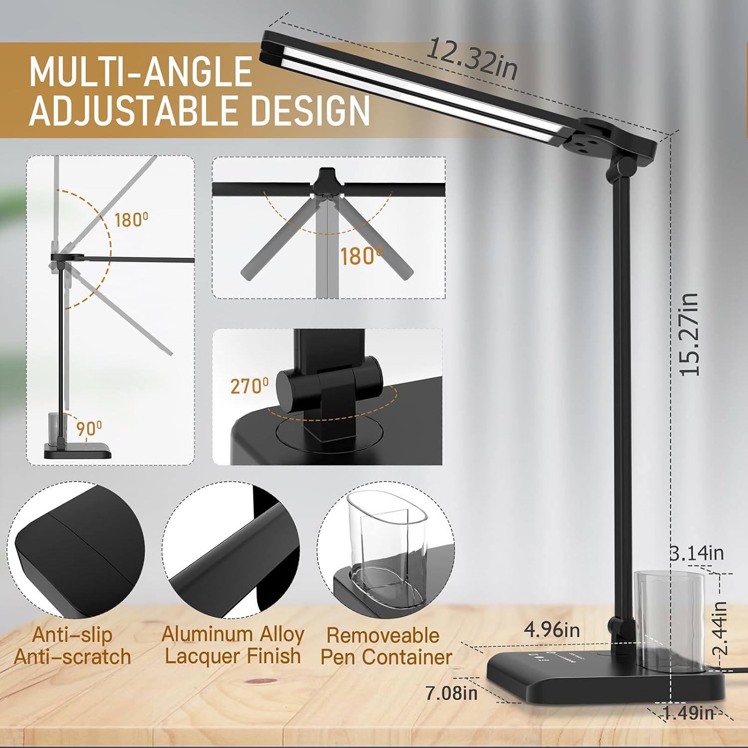 Dimmable LED Desk Lamp with USB Charging Port, 50 Lighting Modes Dual Swing Arm Architect Table Lamp Light Desk Lamp