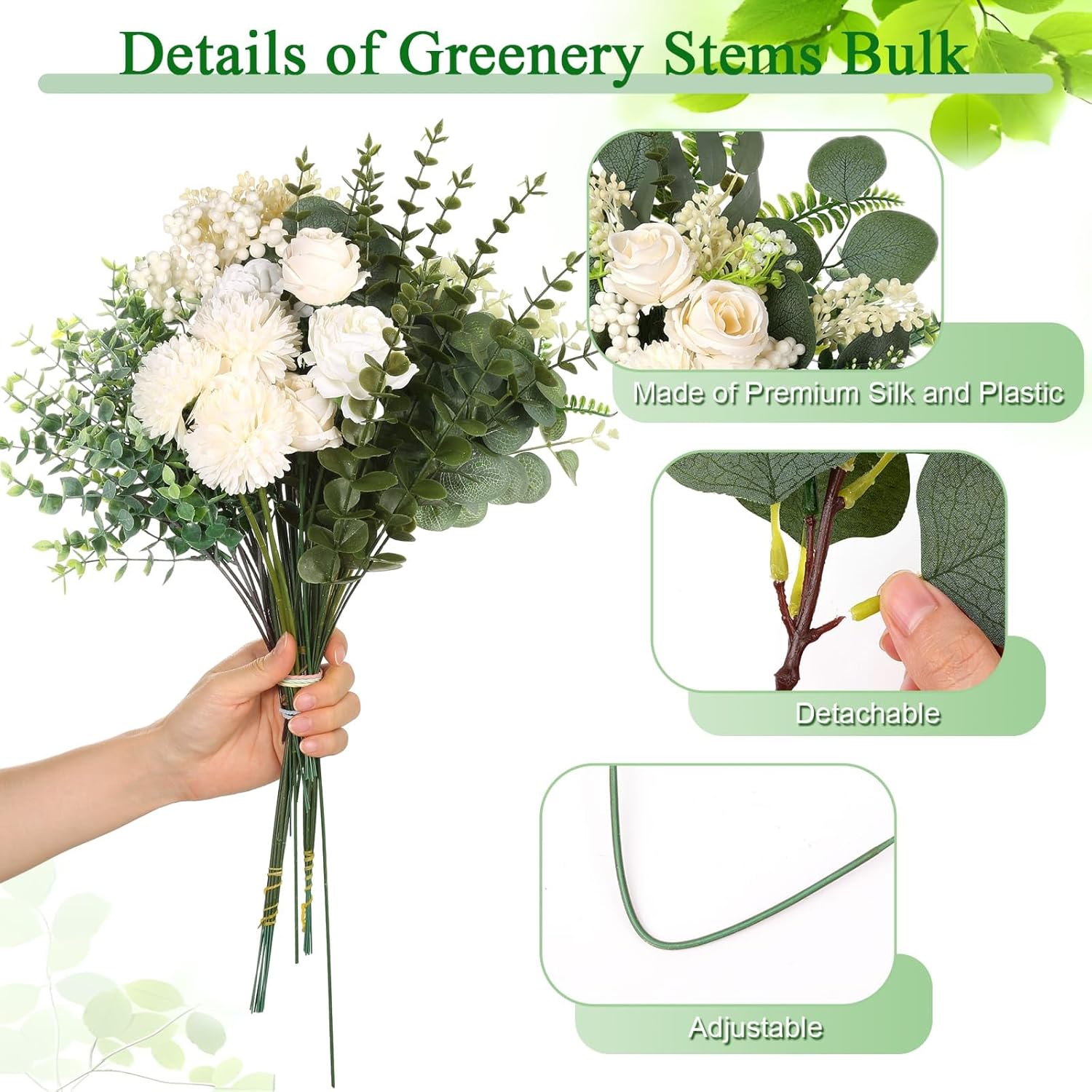Mixed Artificial Eucalyptus Stems Flowers Bulk / Silver / Set of 120