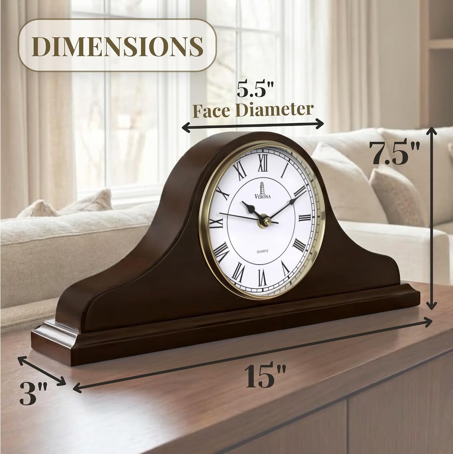Mantel Clock for Fireplace, Solid Wood Silent Non-Chiming Mantle Clock | Battery Operated Wooden Clock 15x7.5, Easy to