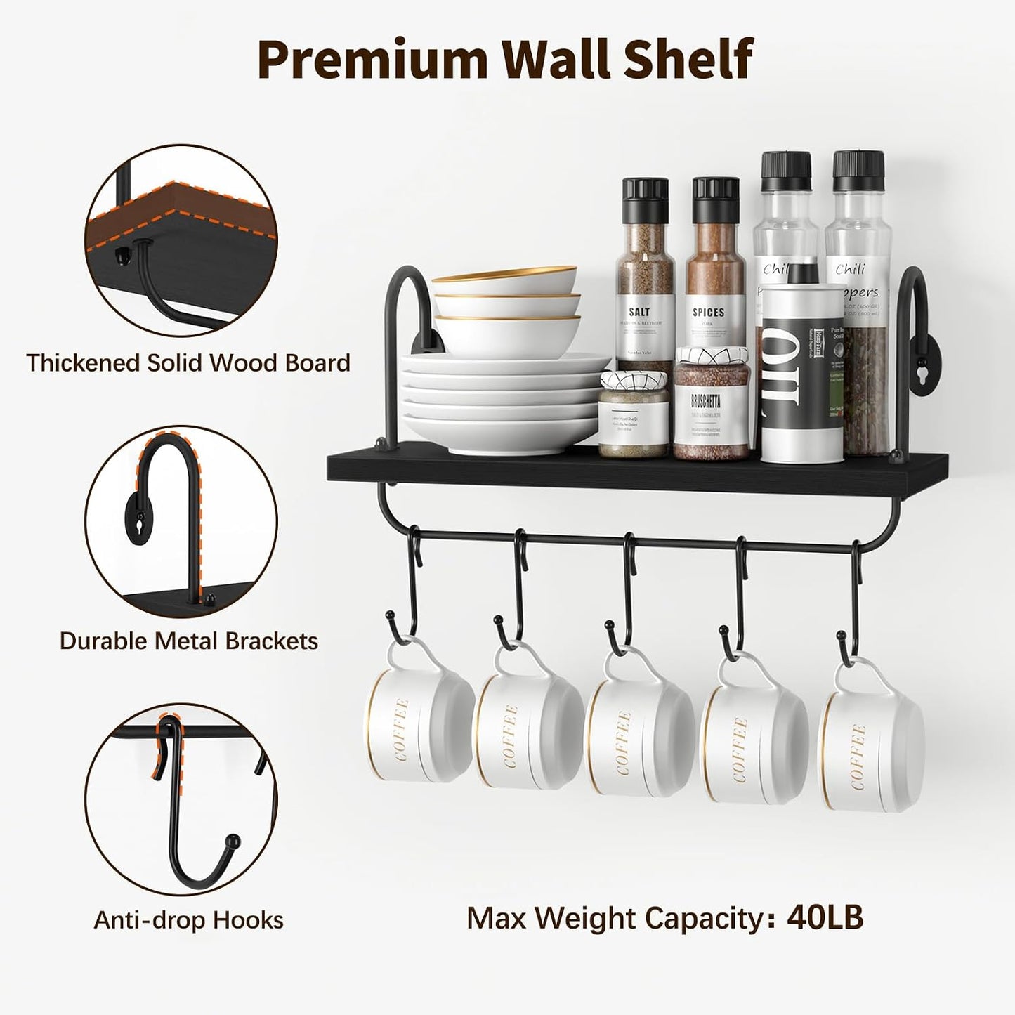 Olakee Floating Wall Shelves for Kitchen Bathroom Coffee Nook with 10 Adjustable Hooks for Mugs Cooking Utensils or