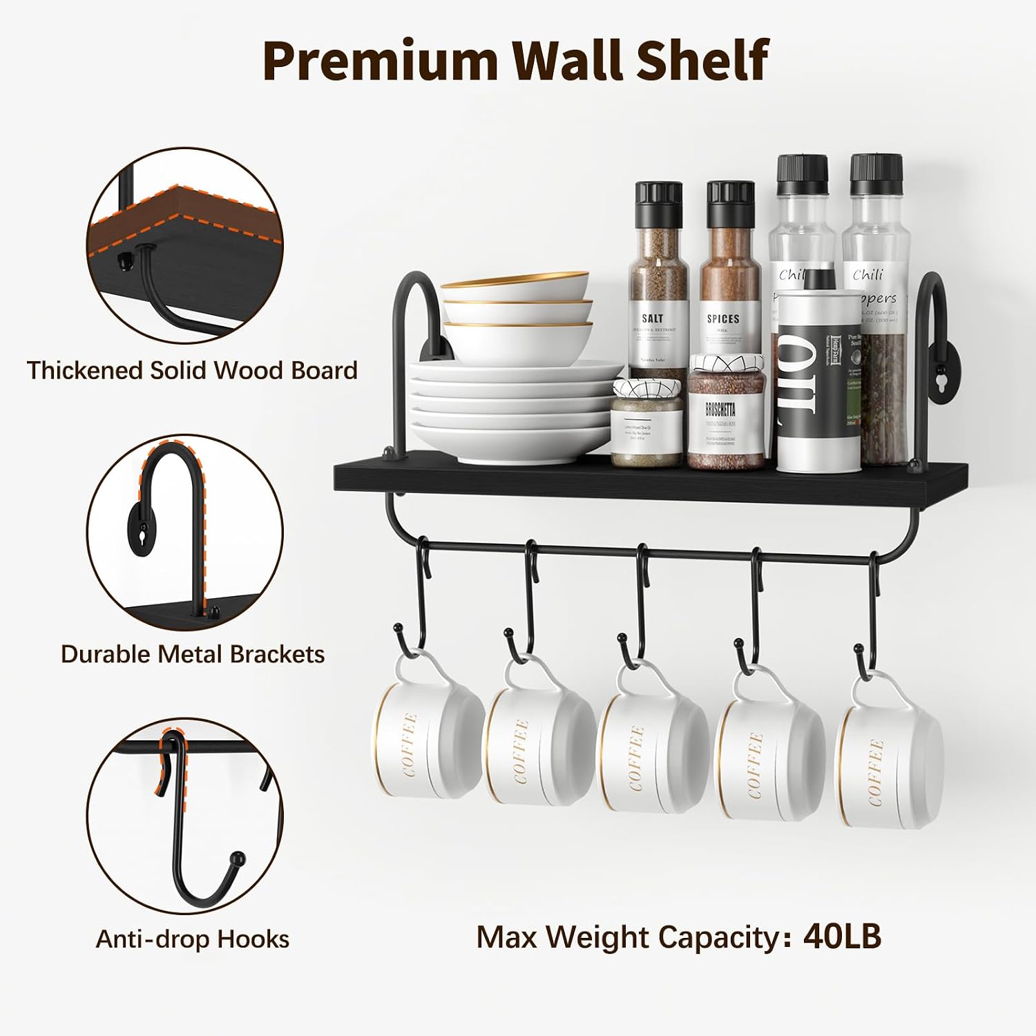 Olakee Floating Wall Shelves for Kitchen Bathroom Coffee Nook with 10 Adjustable Hooks for Mugs Cooking Utensils or