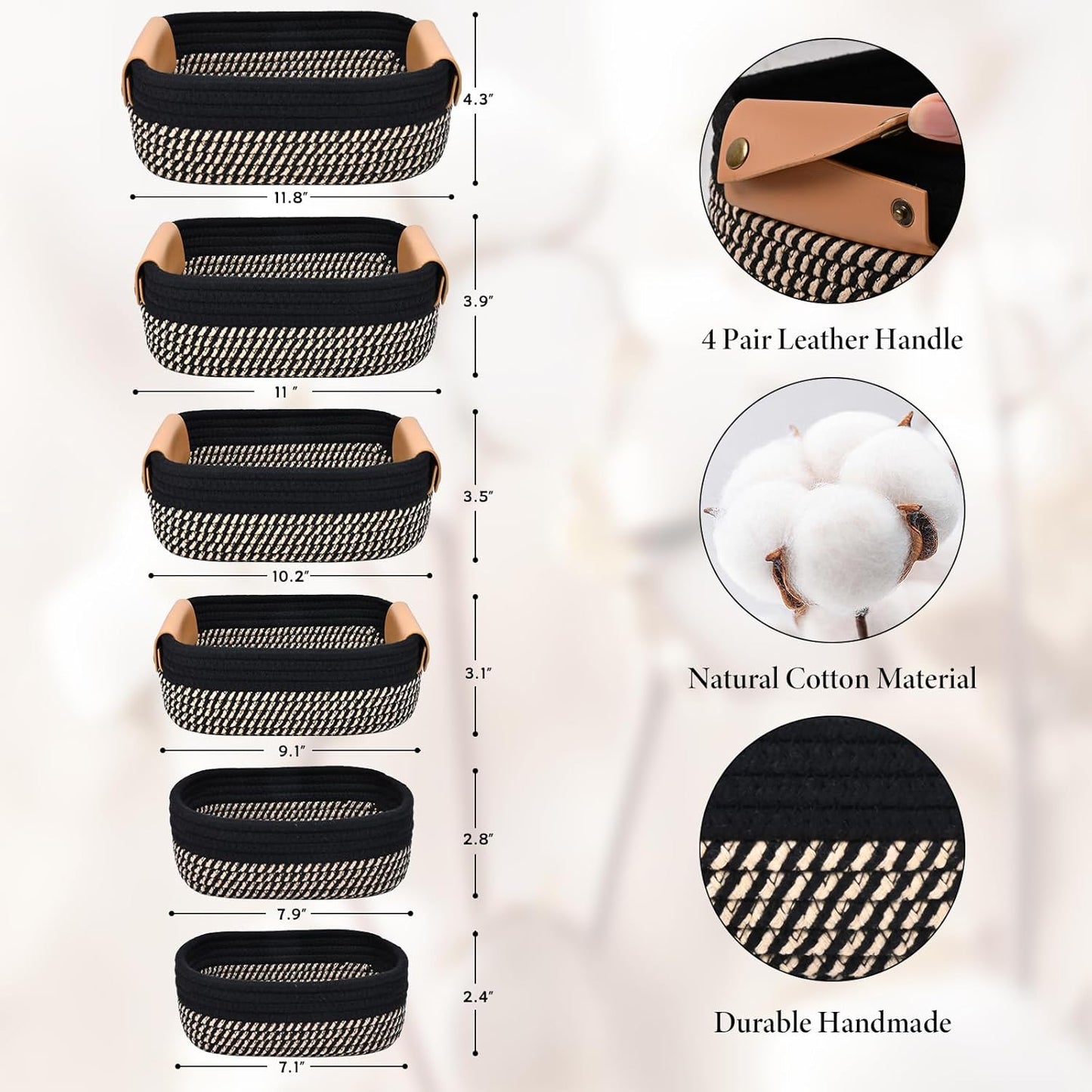 Small Woven Basket -4 Shelf Basket / Black & Brown / Set of 6
