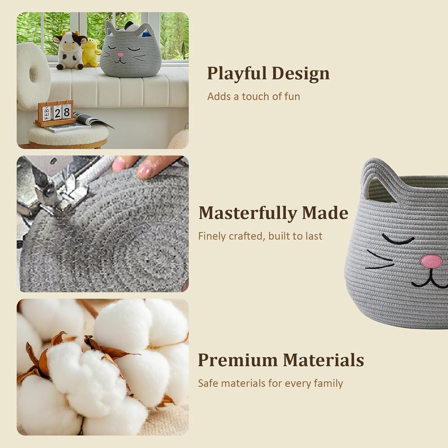 Animal Baskets Large Woven Cotton Rope Storage / Grey / Cute Grey Cat