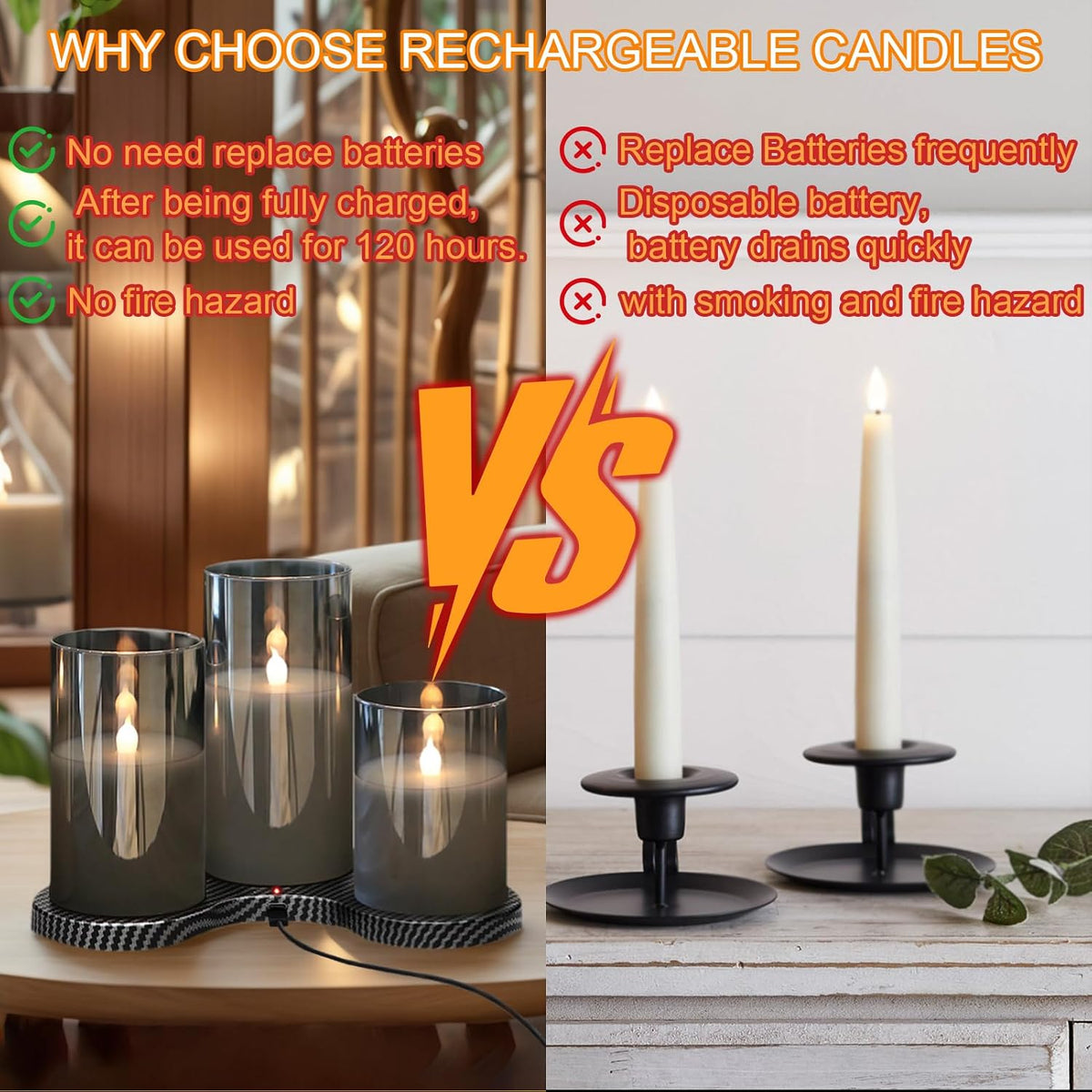 GenSwin Glass Rechargeable Flameless Candles with Remote Timer Black | Battery Operated LED Candles, Charging Base
