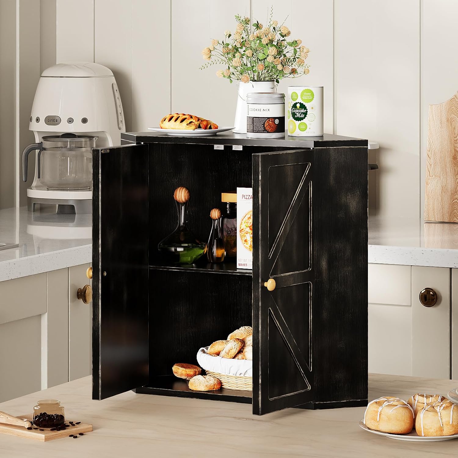 Trironsun Corner Bread Box for Kitchen Counter Double Layer Bamboo Bread Storage Container Large Capacity Bread Storage