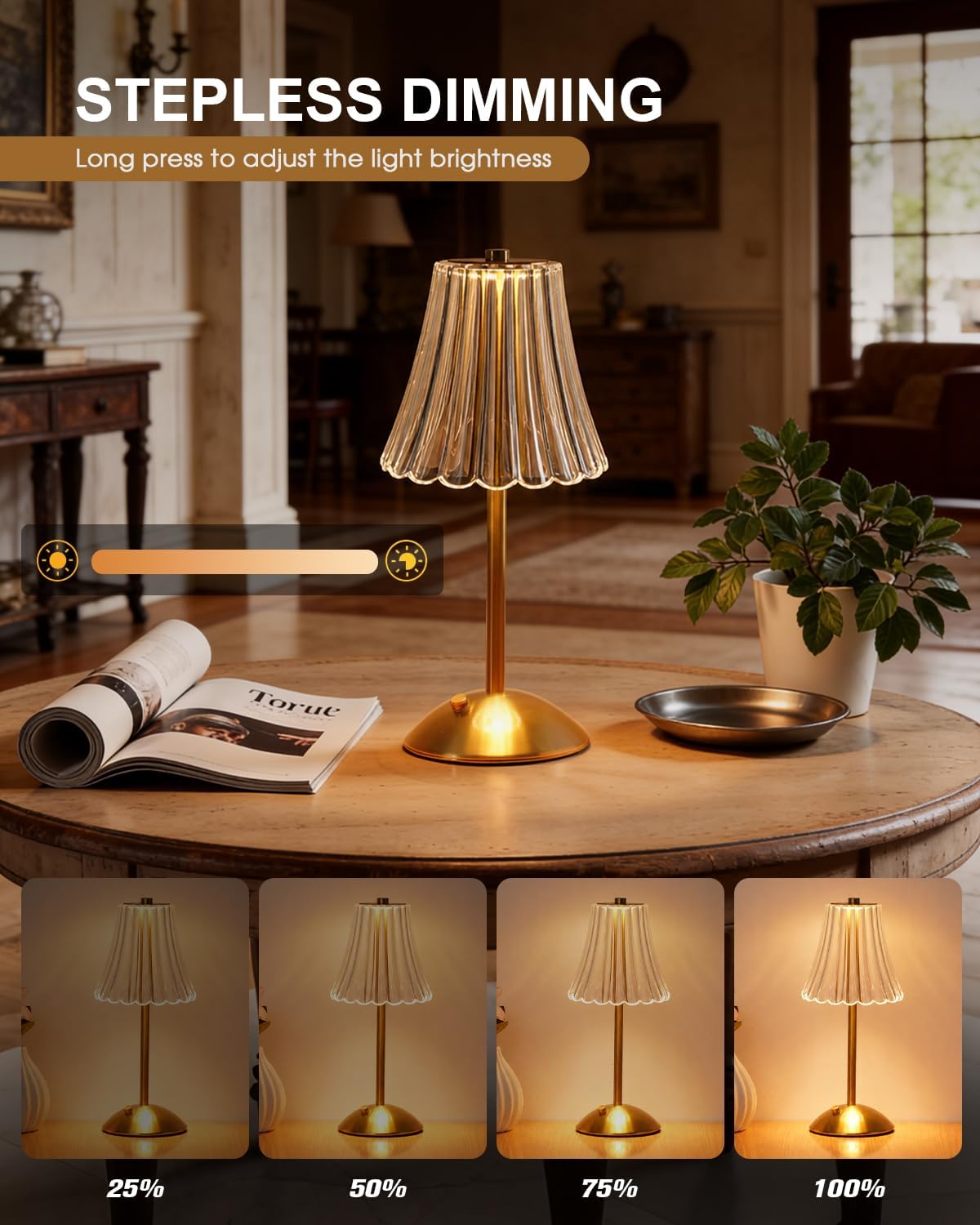 Nusogon Rechargeable Cordless Table Lamp, Gold Touch Crystal Desk Lamp | 3 Color Dimmable LED Small Lamp, Battery