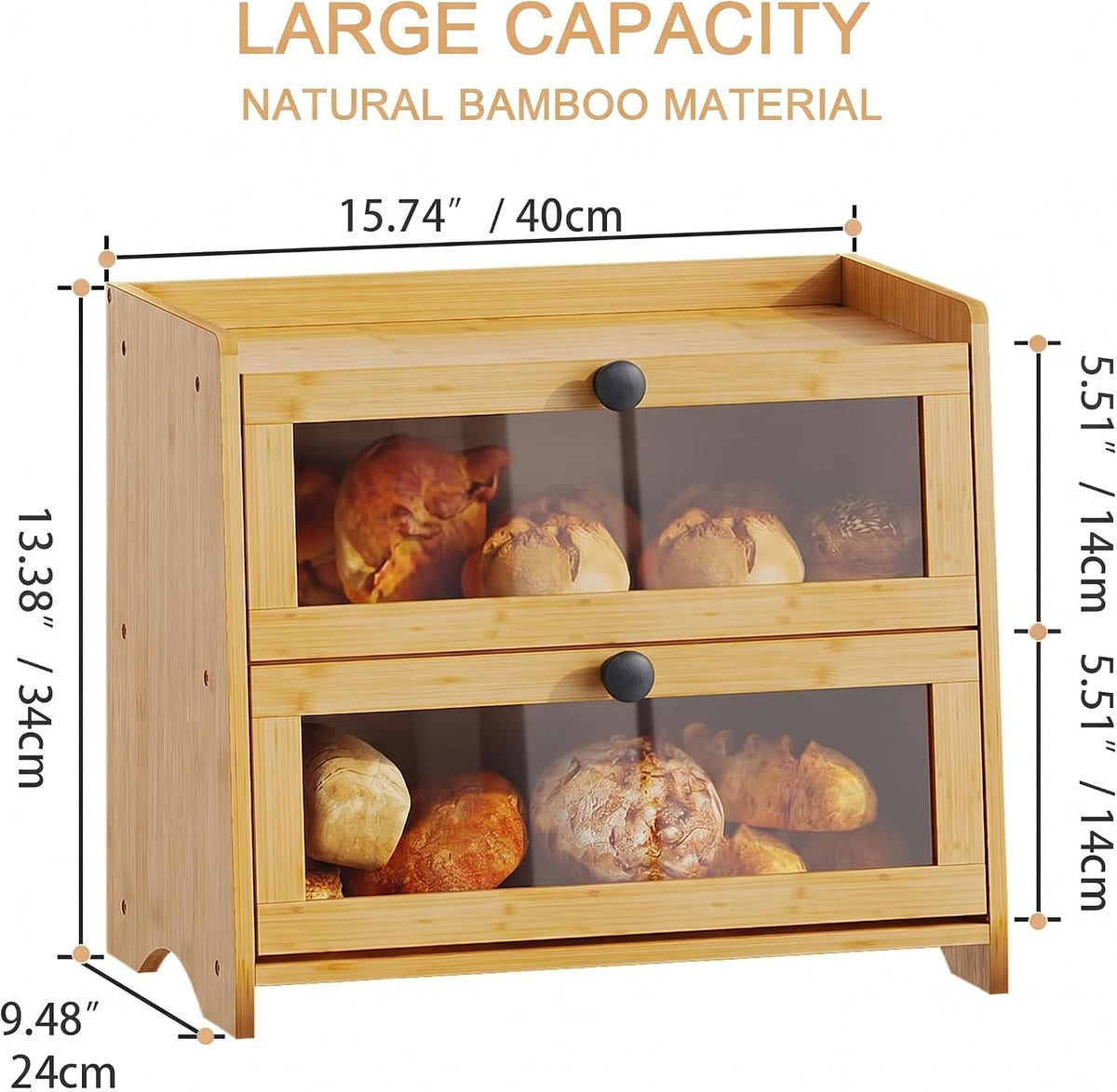 BAMBANG Bread Box for Kitchen Countertop, Extra Large Bamboo Bread Storage Container for Homemade Bread, Double Layer