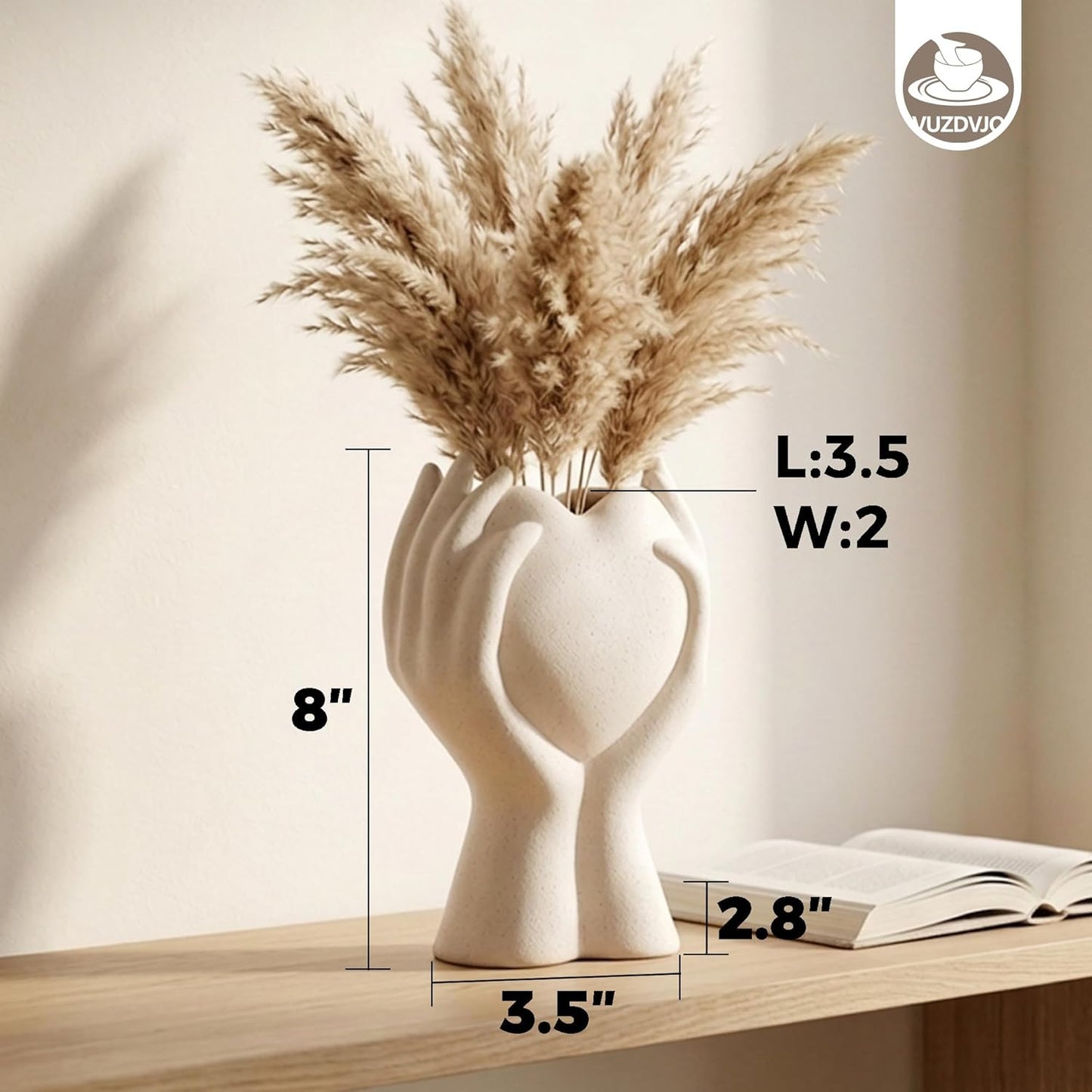 Heart Hand White Ceramic Vase / Cream White / 8 Inch