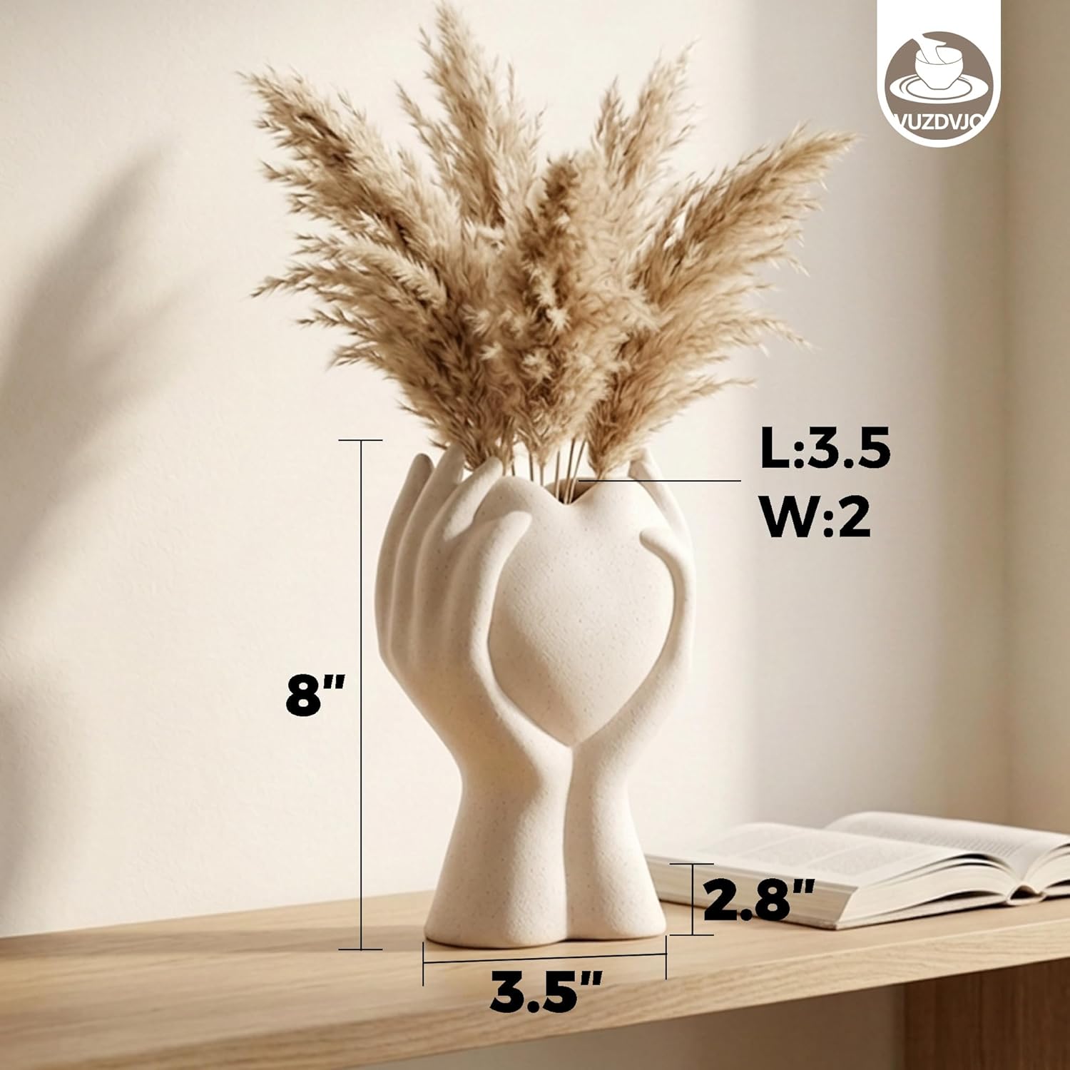 Heart Hand White Ceramic Vase / Cream White / 8 Inch