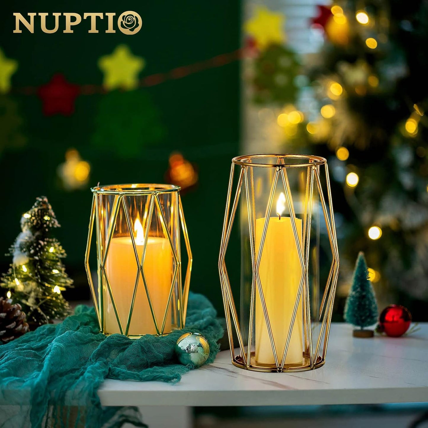 NUPTIO Gold Geometric Hurricane Glass Candle Holders, Set of 2 | 2 Graduated Diamond Frames, Clear Cylinder Vases, for