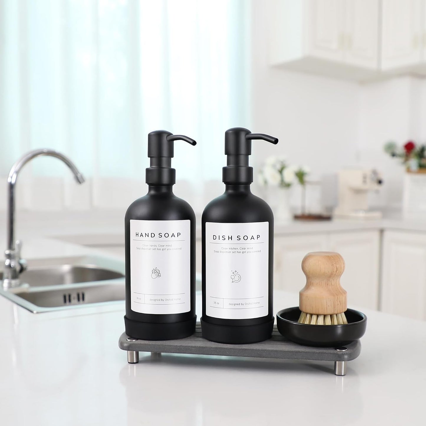 [Luxury] Kitchen Soap Dispenser Set - 16OZ Black Glass Bottle, Stainless Steel Pump, Instant Dry Tray, Waterproof