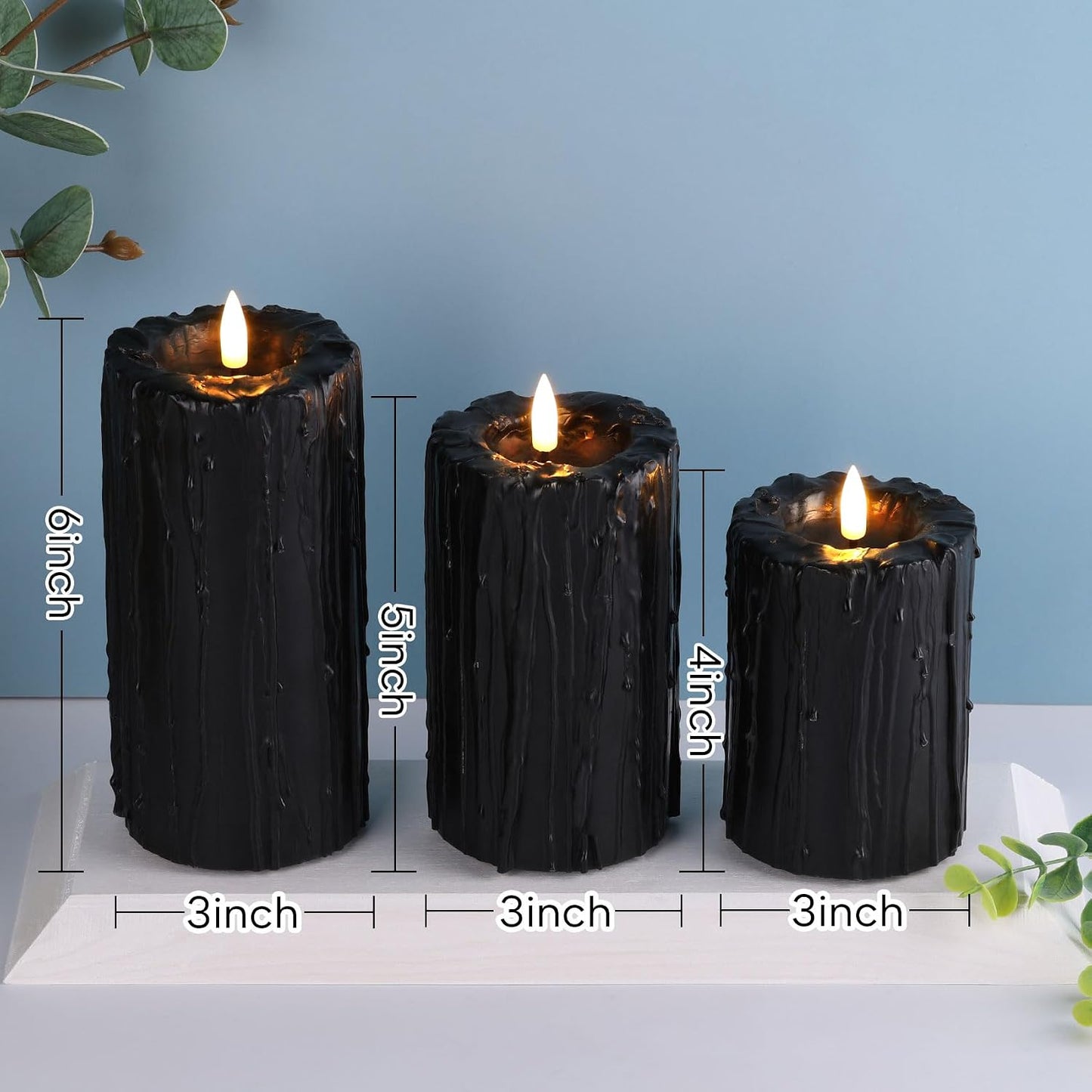 Black Dripping Wax Halloween Flameless Pillar Candles with Remote | Flickering Realistic LED Candles Set of 3, 2 AA