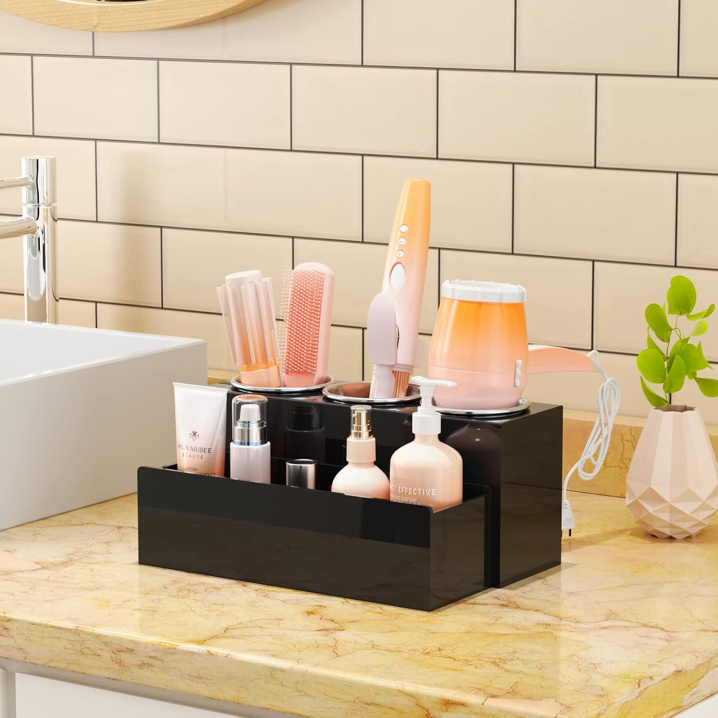 NIUBEE Acrylic Hair Tool Organizer,Hair Blow Dryer Holder with 3 Cups,Black | Acrylic Hot Tools Organizer,Hair