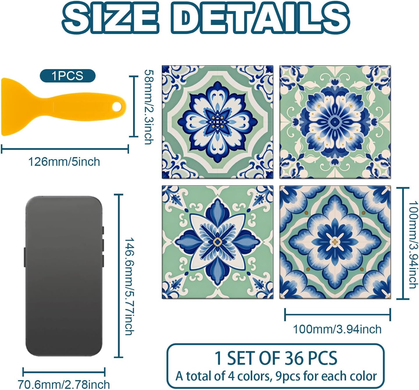 4 Style Tile Stickers Retro Peel and Stick Wall Tile Stickers / Pastoral Pattern / Set of 36
