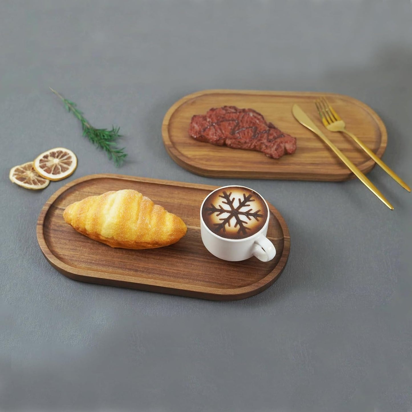 Small Acacia Wooden Tray Rustic Wood Serving Trays Bulk Boards Oval / 11.8 x 6 x 0.8 / Set of 2
