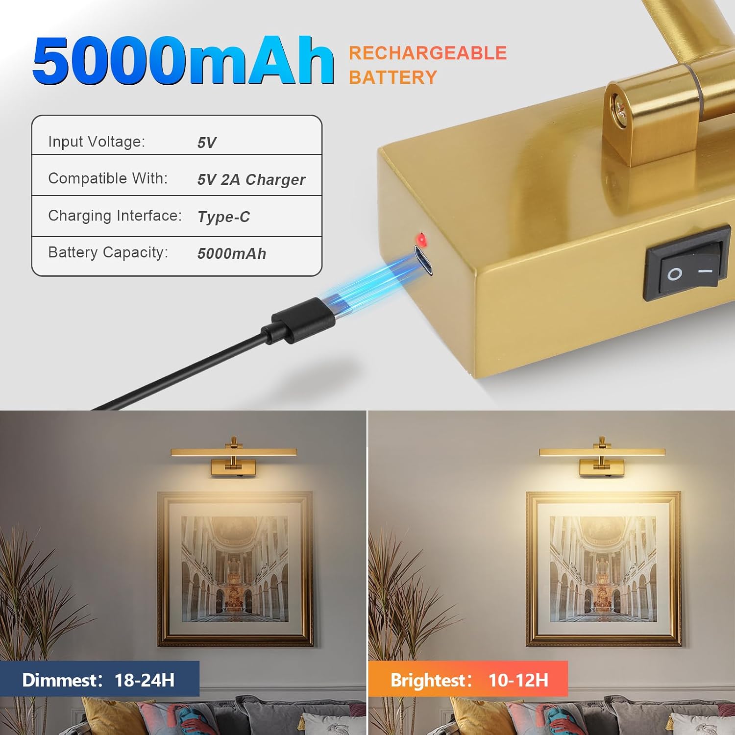 DESOOP Picture Lights for Wall Battery Operated, Brass Art Lighting for Paintings with Remote and Timer, Wireless