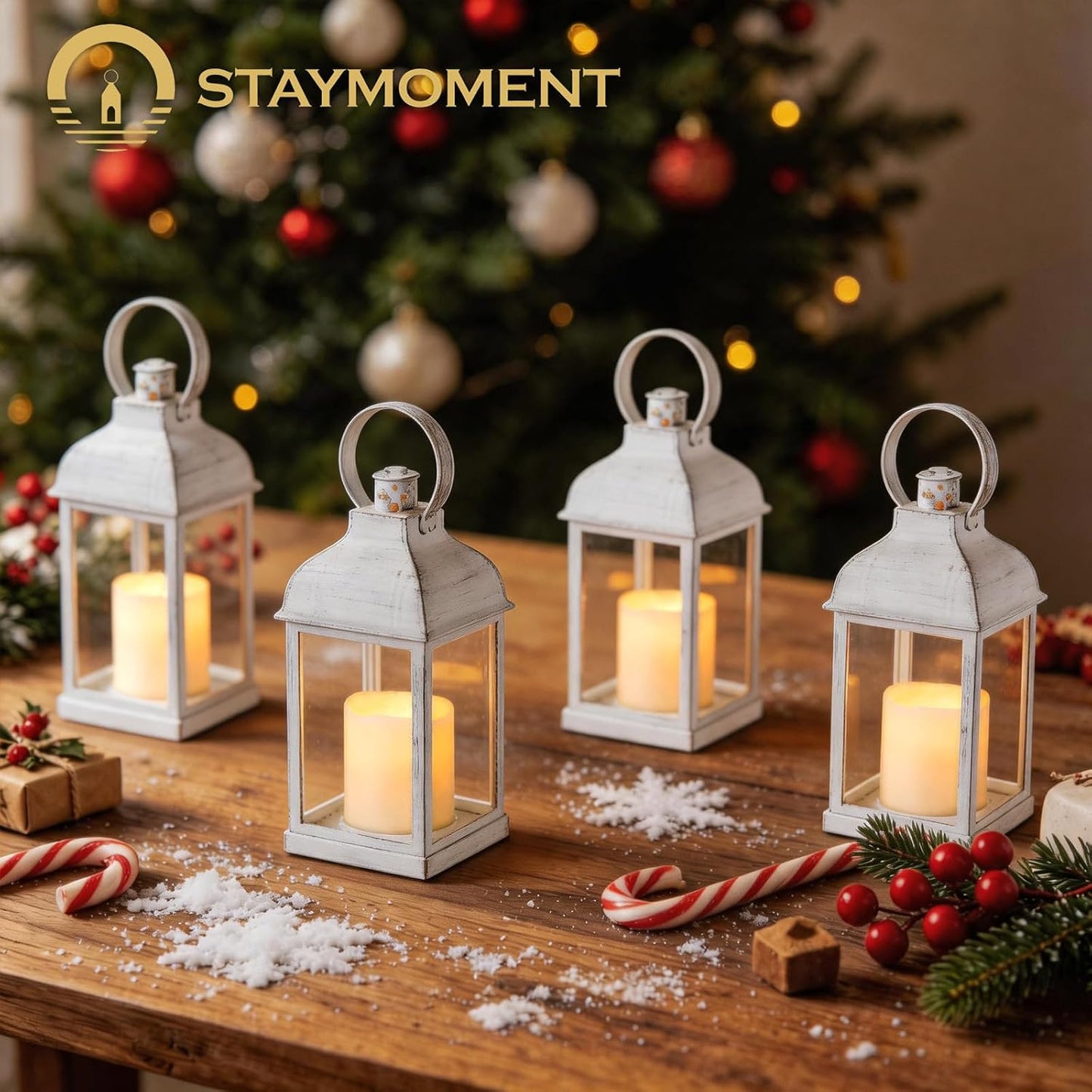 White Small Lanterns with LED Candles, Set of 6 Wedding Decor | Distressed Farmhouse Lanterns with Glass Panels