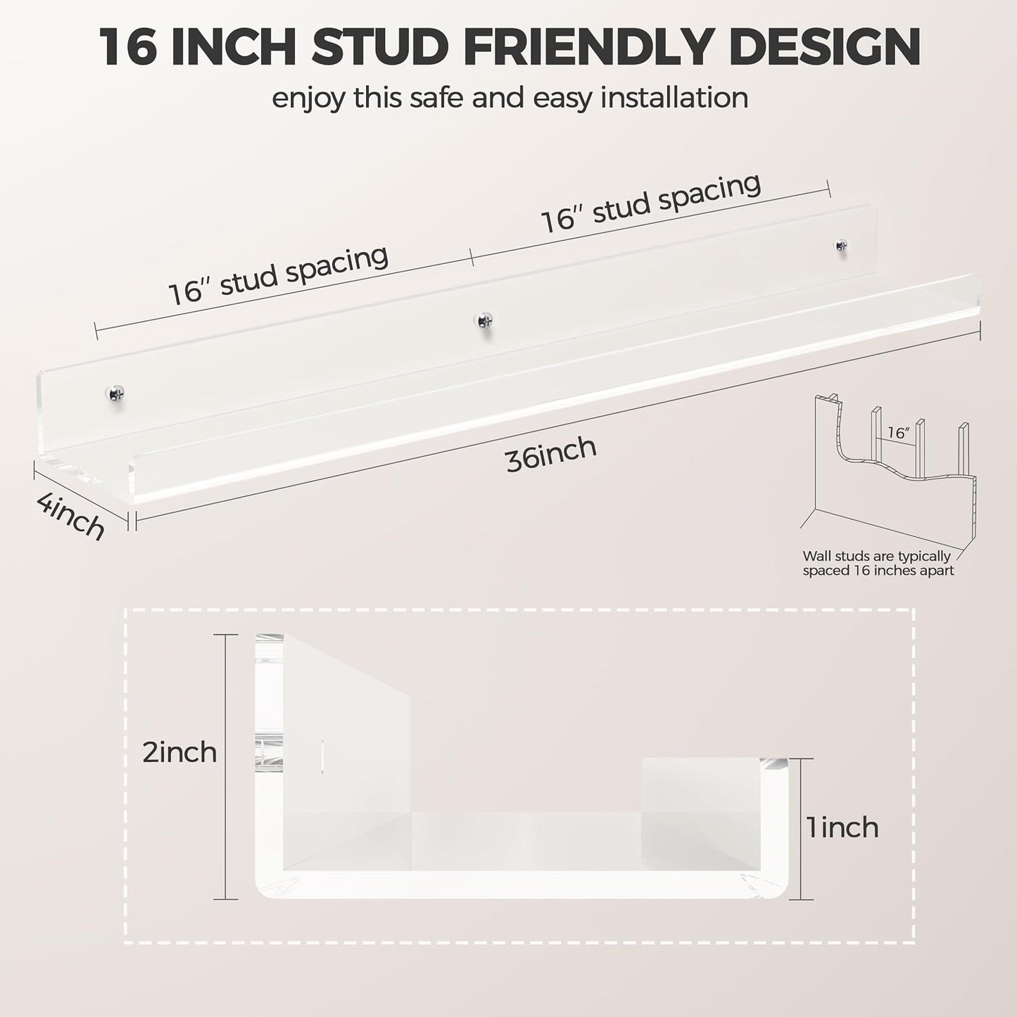 HBlife 36 Inches Floating Shelves Wall Mounted Clear Acrylic Shelves for Figures, 16 Inch Stud Spacing Invisible