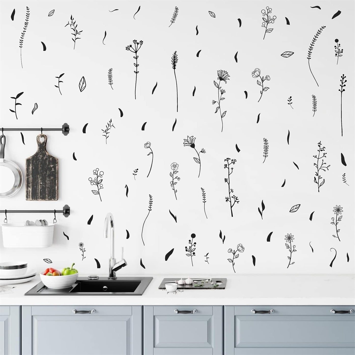 Floral Leaf Wall Decals Wildflower Wall Stickers Bouquet Botanical Plant Leaves Wall / Black