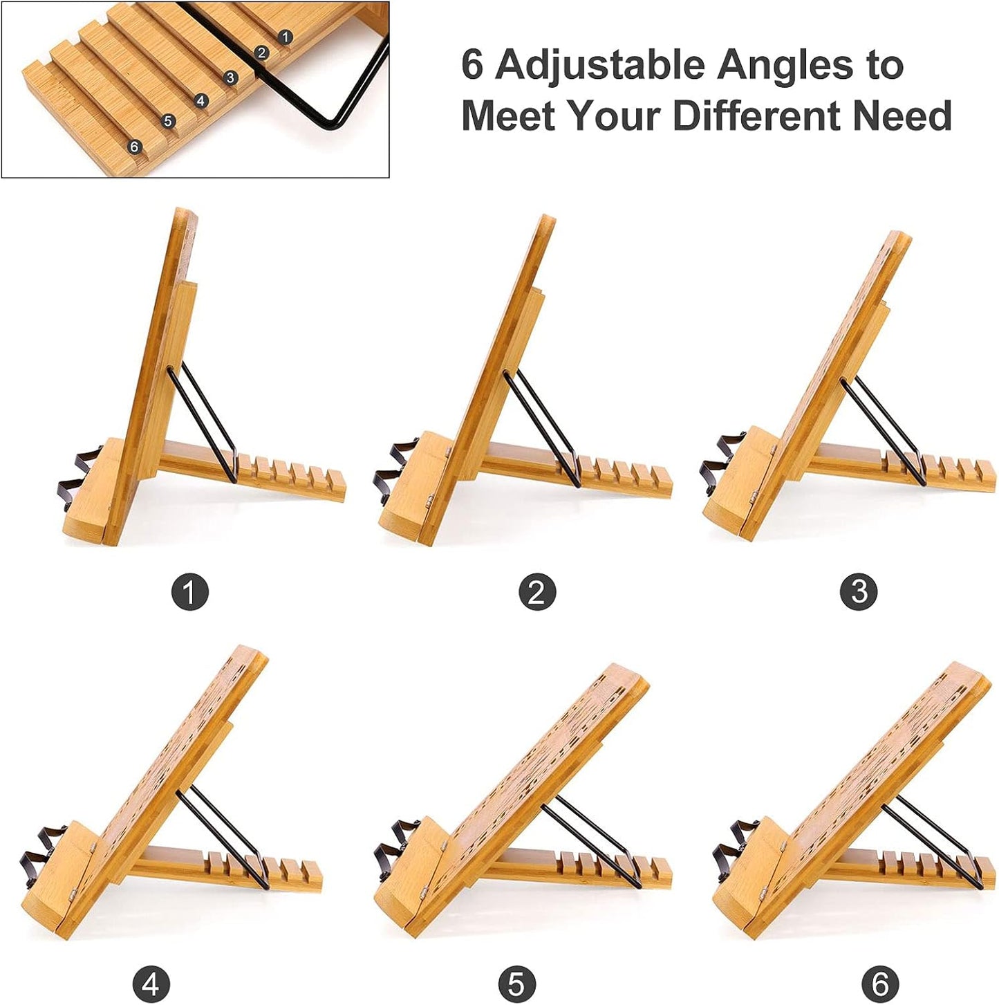 MEGREZ Foldable Bamboo Book Stand Adjustable Cookbook Reading Holder | anti-slip, lightweight, foldable flat storage