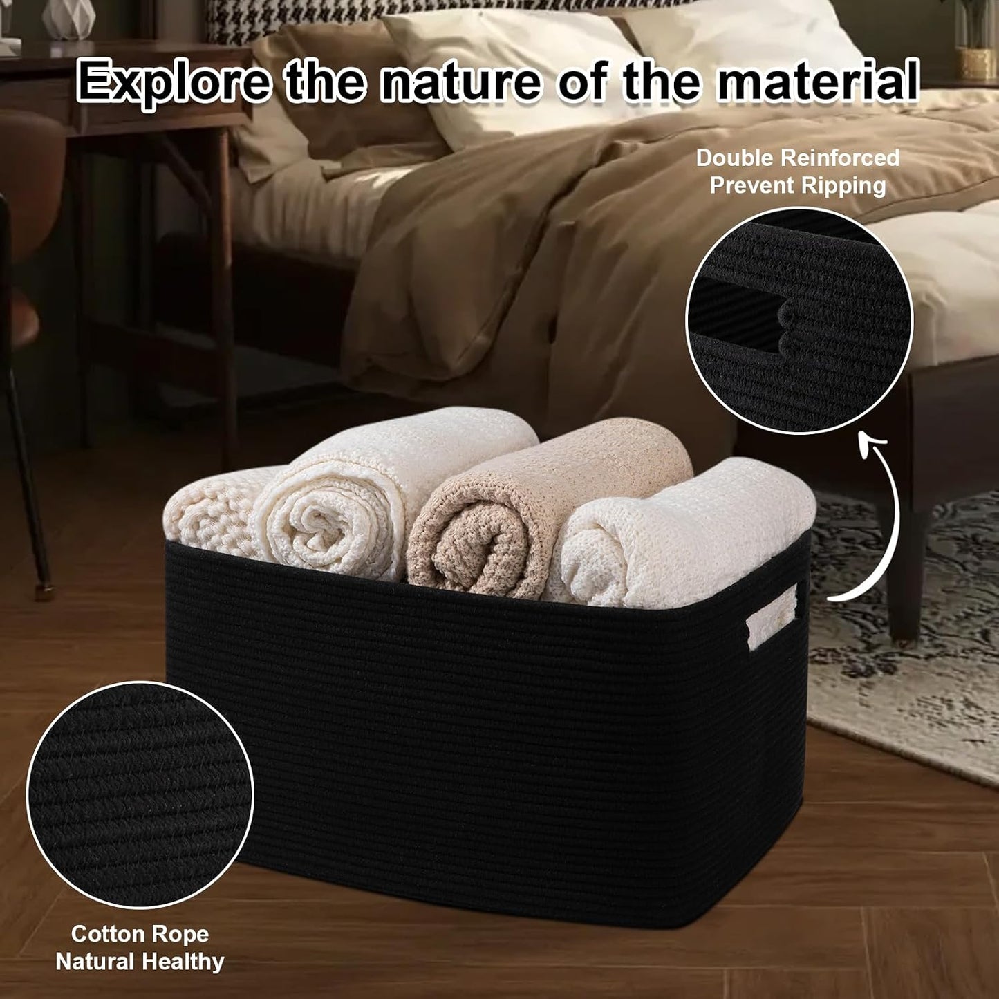 Rectangle Woven Cotton Rope Basket / Charcoal Black / 22 x 17 x 12
