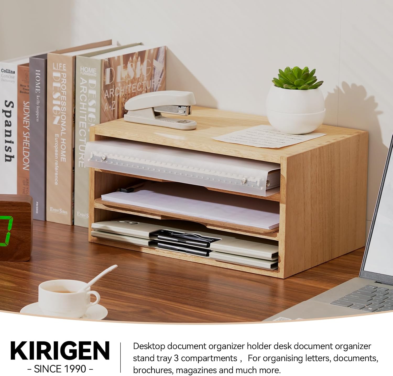 KIRIGEN Wooden Desk Organizer 3-Tier Letter Tray and Paper Sorter, Natural | Solid Wood Paper Tray Document Holder