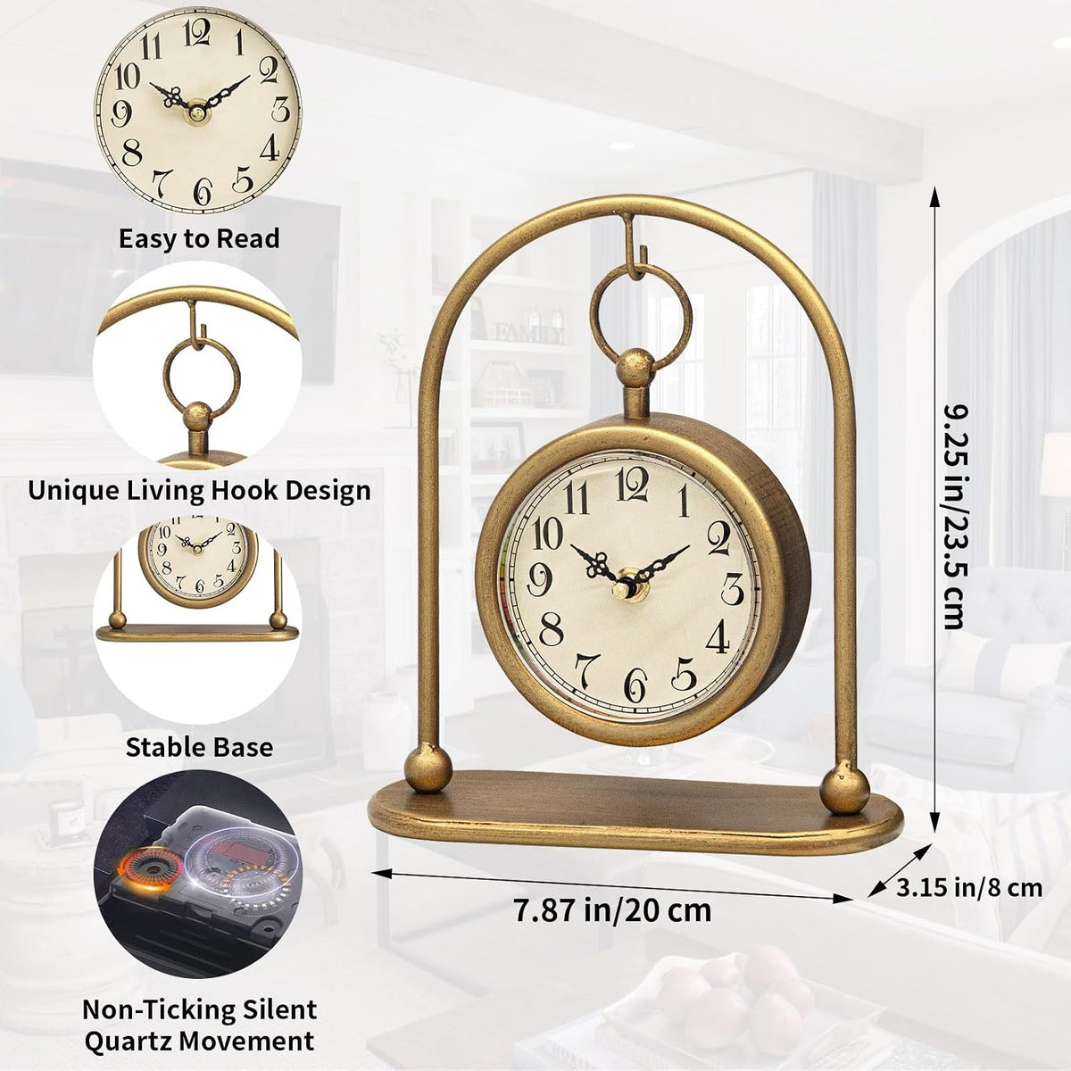 Vintage Small Gold Table Clock, Farmhouse Table Clock, Silent Non-Ticking Battery Operated Desk and Shelf Clocks for