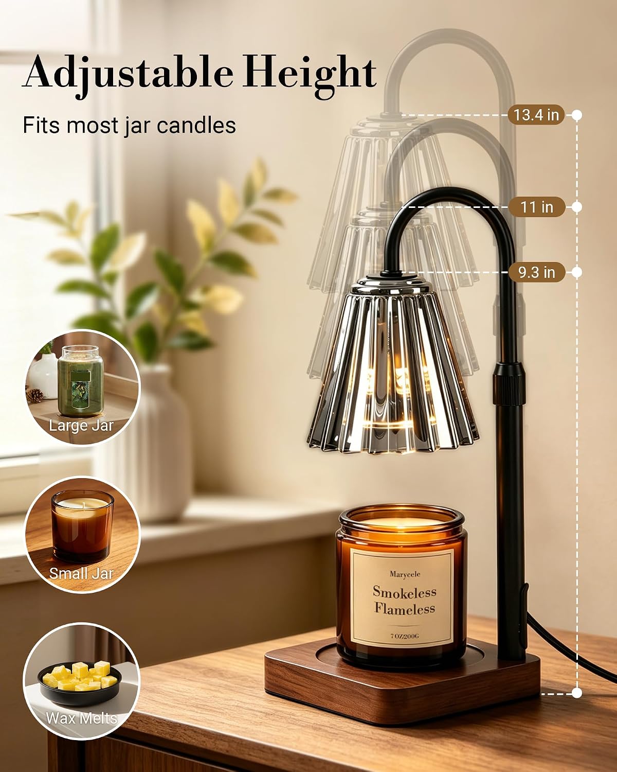 Vintage Candle Warmer Lamp with Timer Dimmer, Adjustable Height | Vintage farmhouse style with 2 bulbs, adjustable