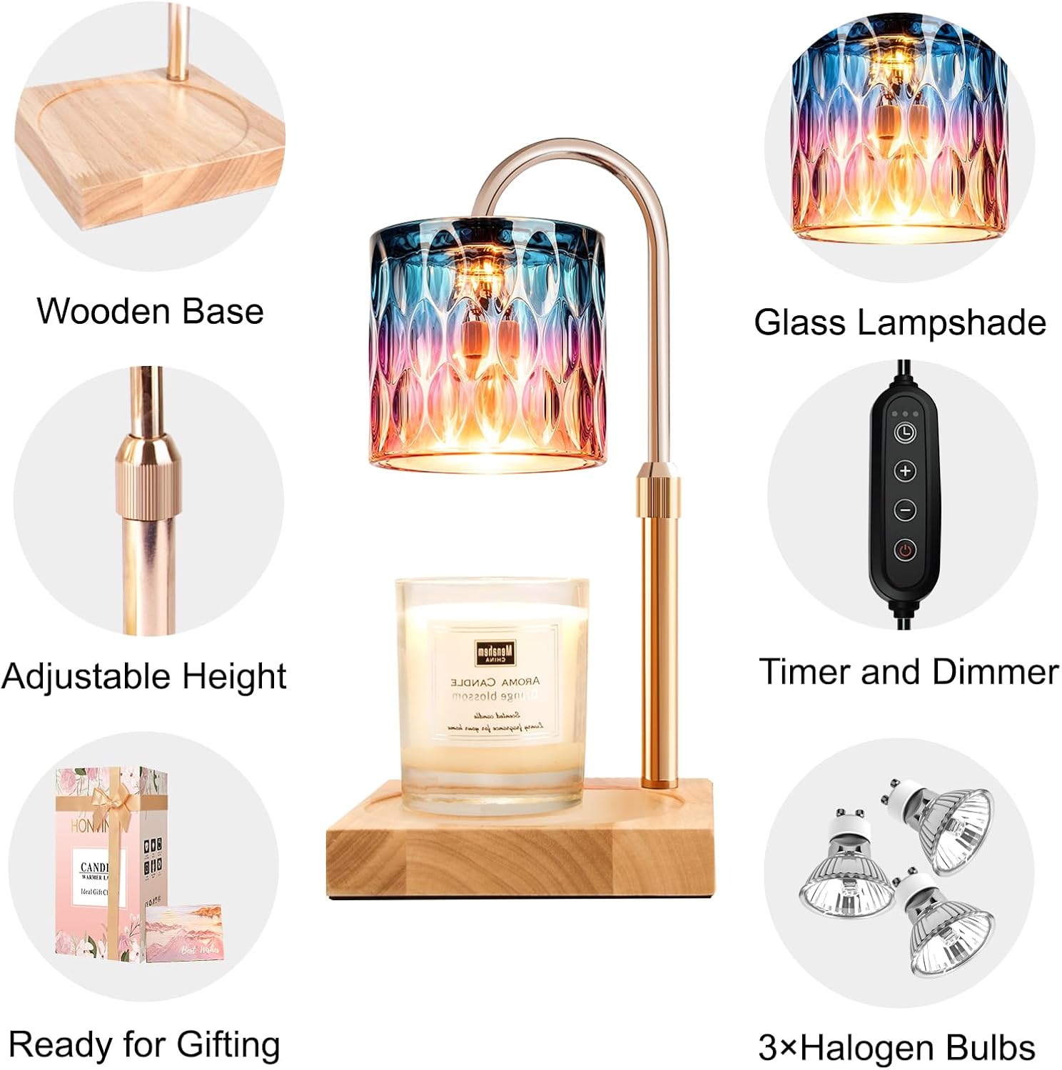 Candle Warmer Lamp with Timer & Dimmer, Candle Warmer Height Adjustable, Fits All Jar Scented Candles (Blue Purple)