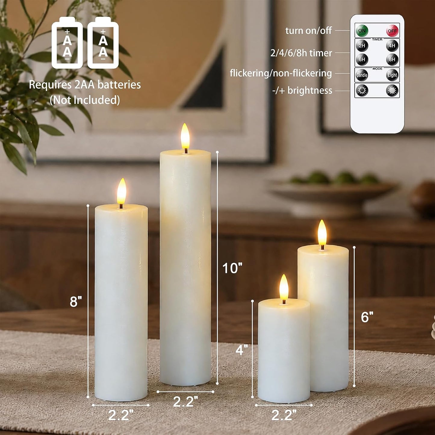 Flickering Flameless Pillar Candles with Remote Control and Cycle Timer,White Pack of 4 Battery Operated(Powered by