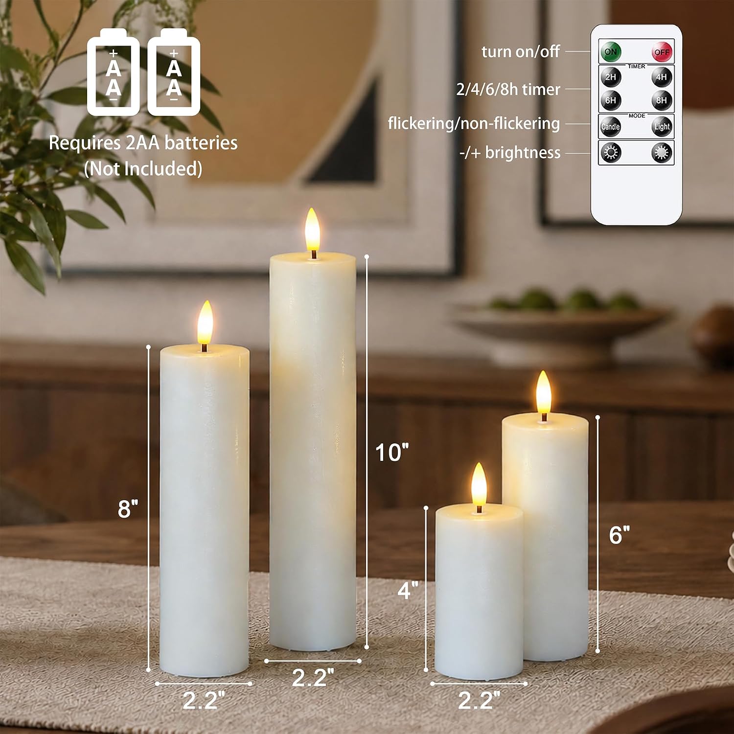 Flickering Flameless Pillar Candles with Remote Control and Cycle Timer,White Pack of 4 Battery Operated(Powered by