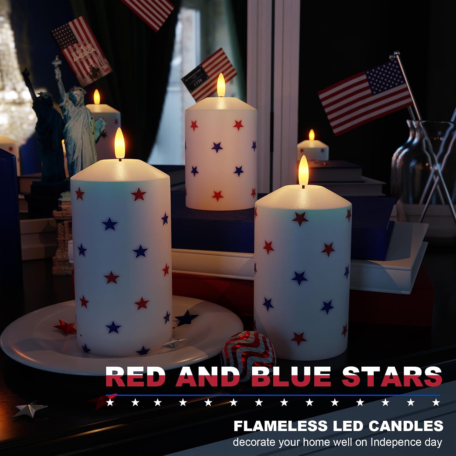 Patriotic Red White & Blue Star Candles, 4th of July LED Candles | Real Wax, Flickering Flameless Pillar Candles with