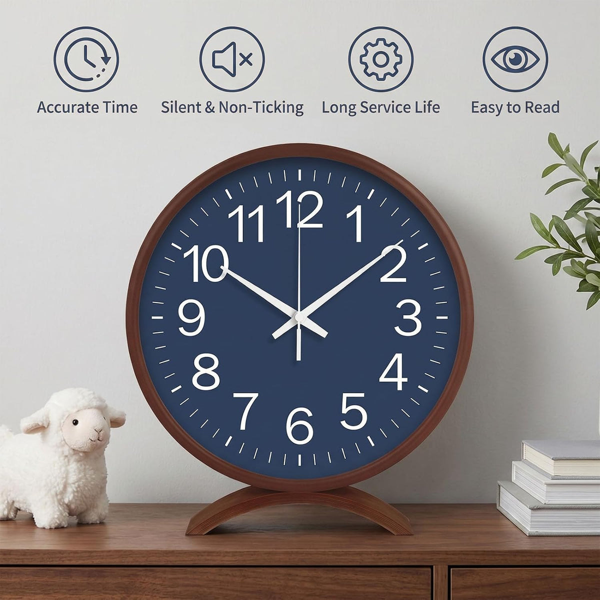 Maxspace Table Clock-8 Inch Silent Non-Ticking Wooden Timepiece Desk Clock, Battery Operated Decor Round Clock for