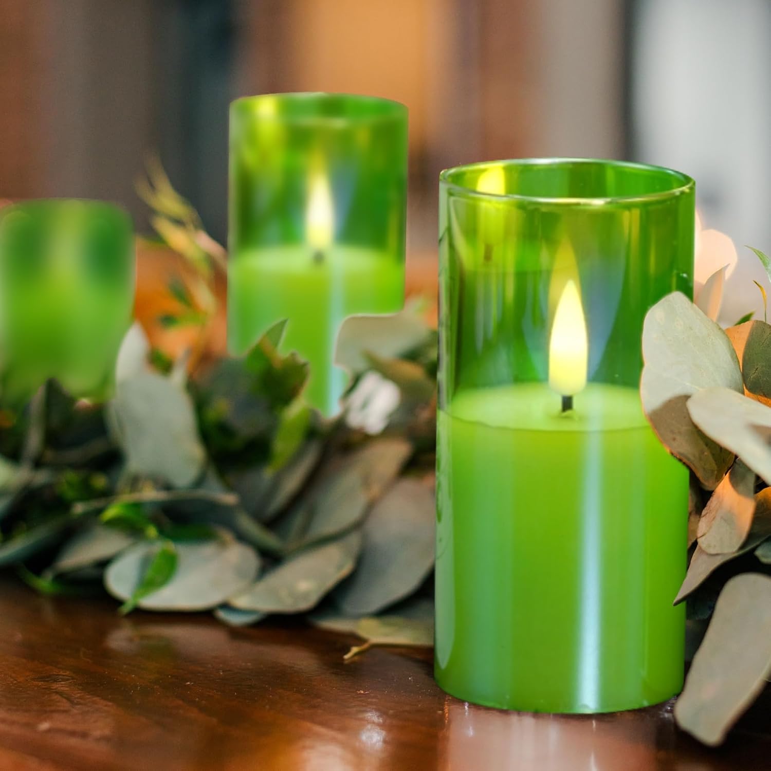 Green Glass LED Pillar Candles with Remote Batteries Set of 5 | Flickering Slim Tall LED Candles, Fireplace Home Table