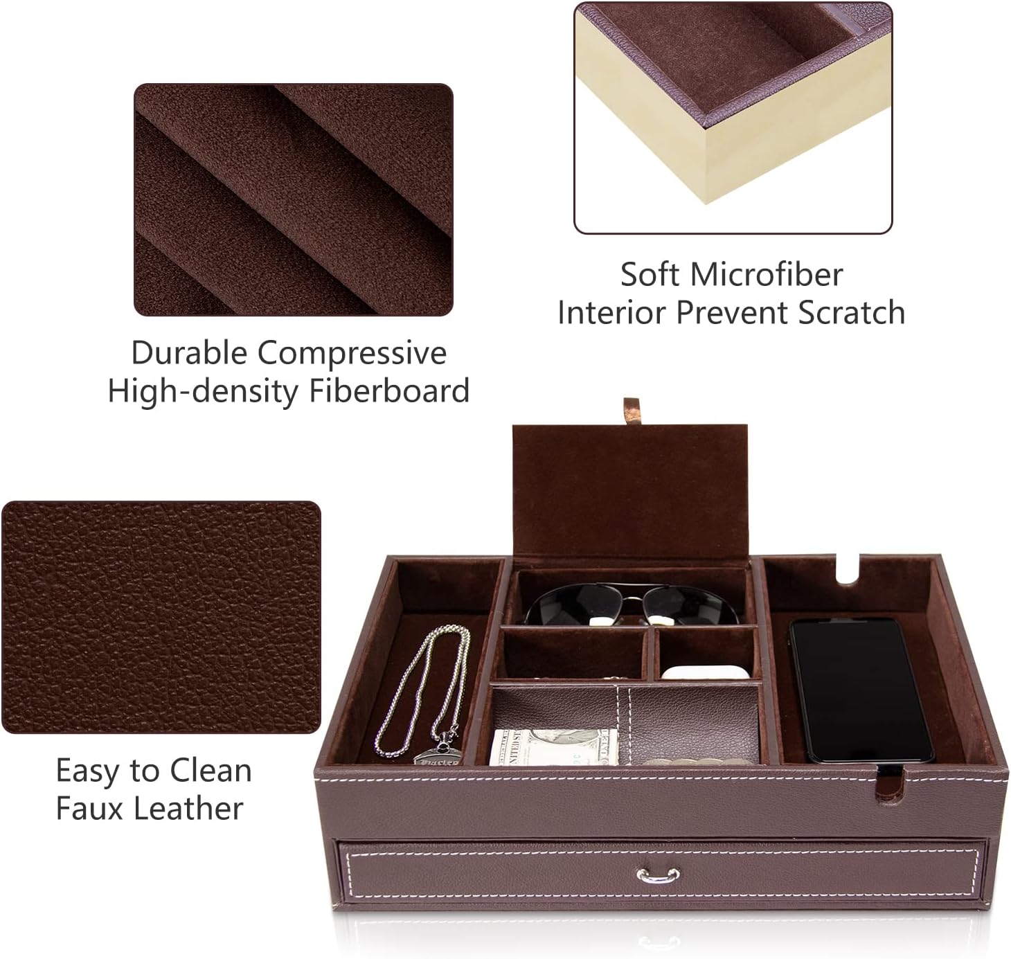 Baoyun Valet Tray for Men, 2 Layers Nightstand Organizers for Men and Women, Leather Jewelry Storage Box, Mens Dresser