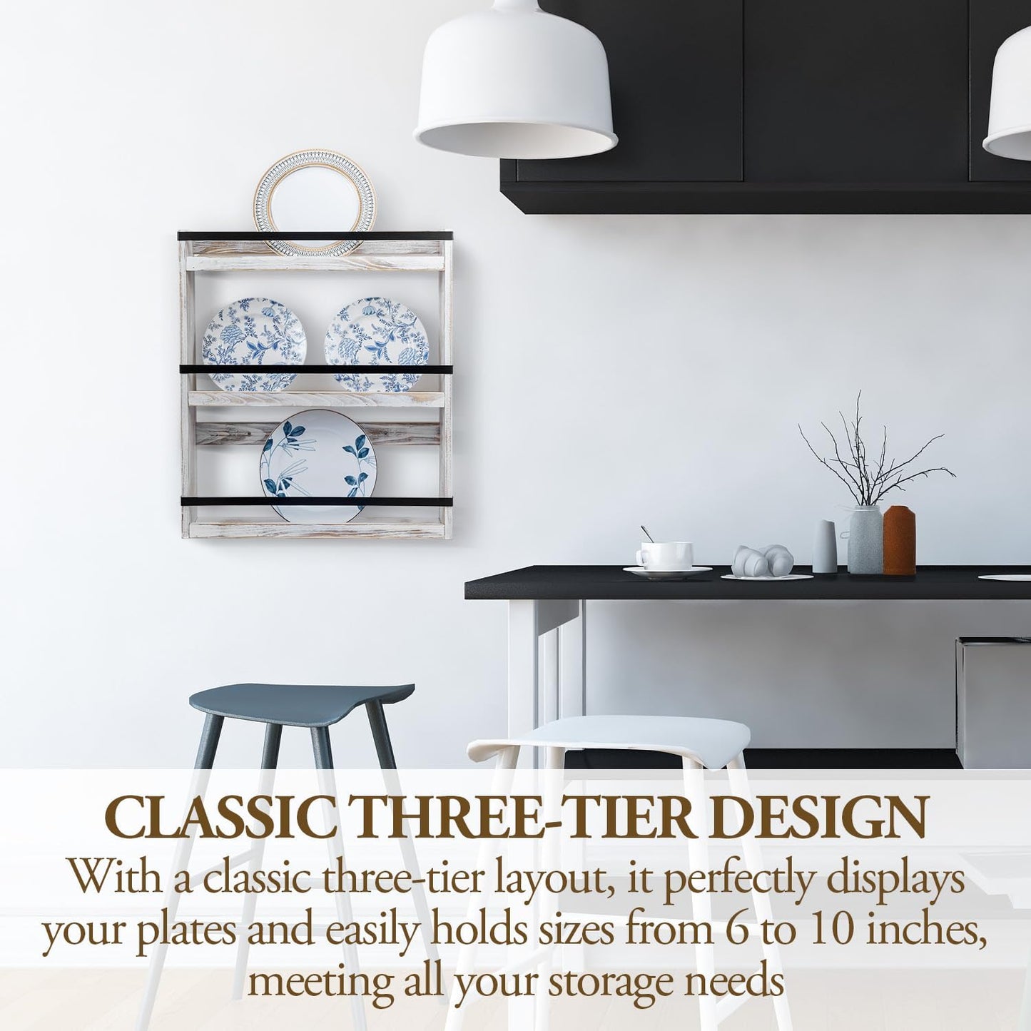 MyGift Wall Plate Display Rack, 3 Tier Farmhouse Whitewashed Wood Wall Mounted Plate Storage Rack, Holds 6-10inch Plates
