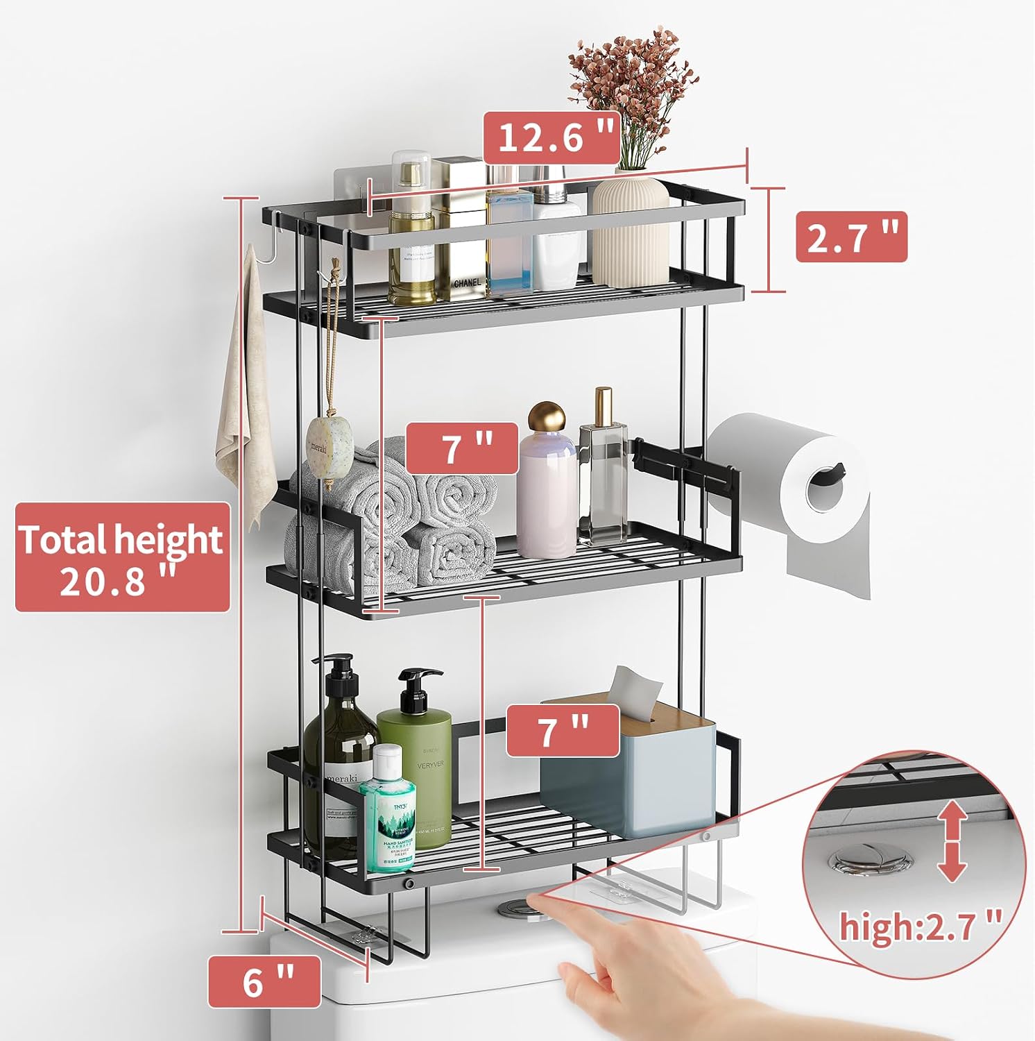 3-Tier Over Toilet Storage Shelf, Wall-Mount with 2 Hook/Paper Rack | Bathroom Organizers and Storage Cabinet