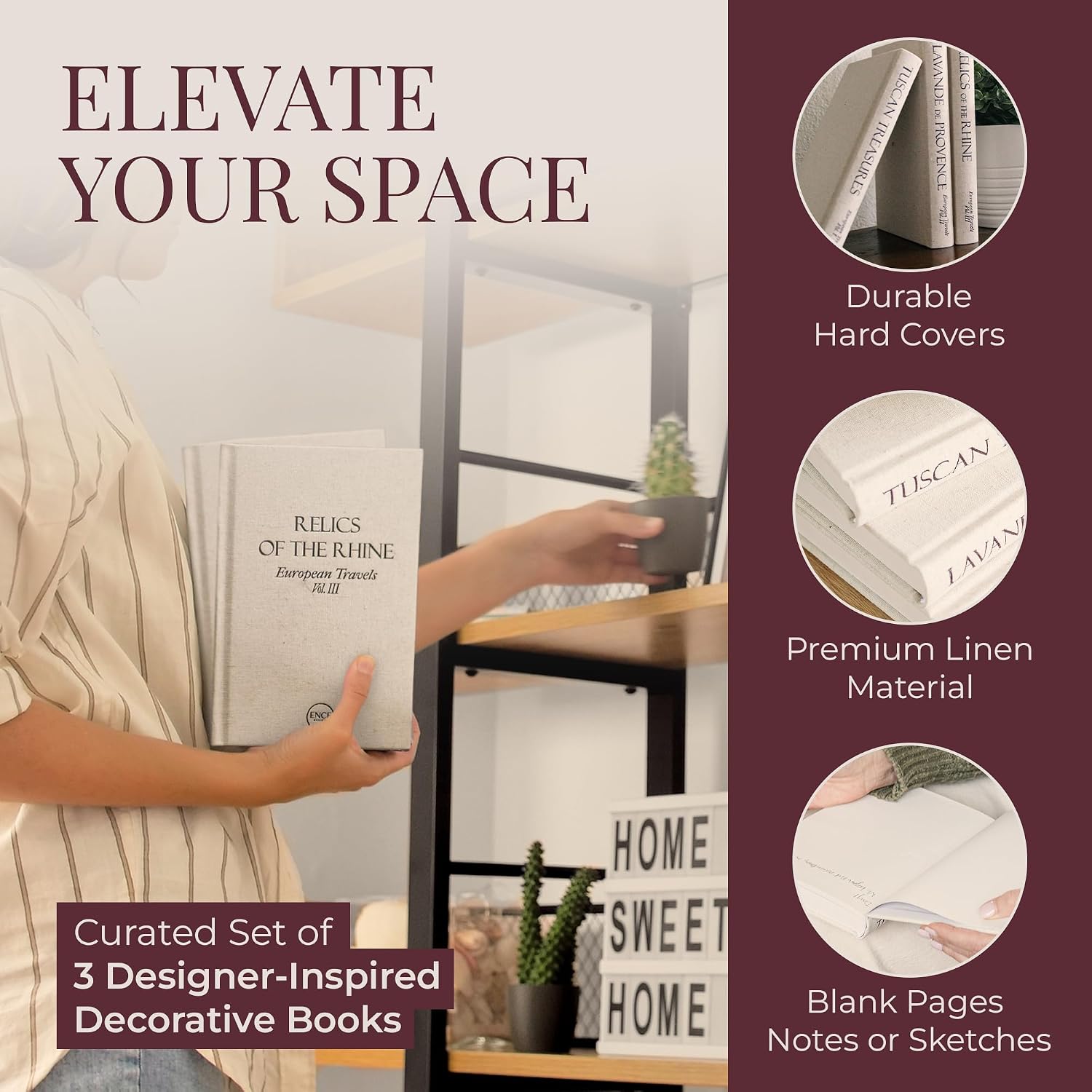 Ence Designs Decorative Books / Linen / Beige / Set of 3