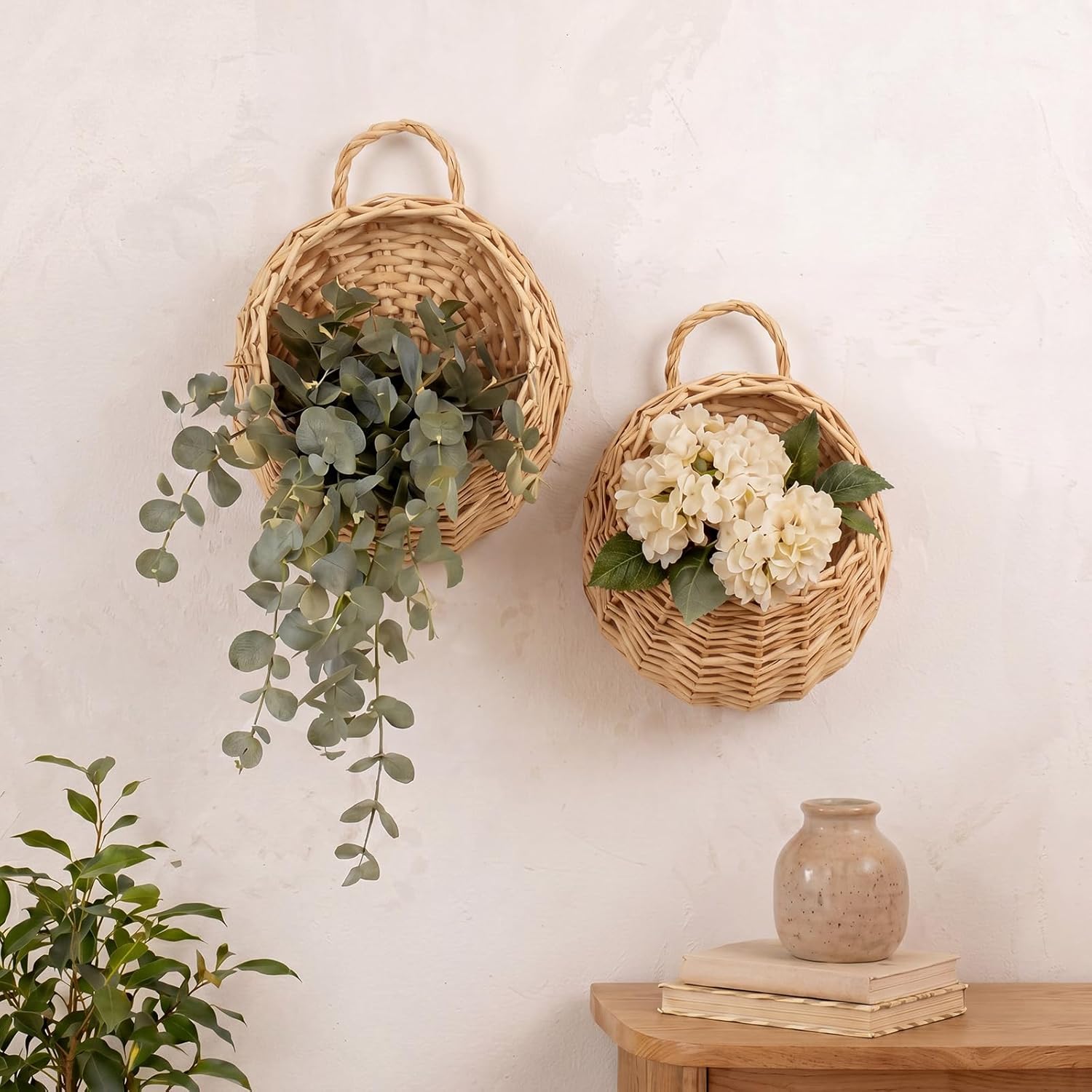 Wicker Hanging Basket 14" and 8" Handmade Woven Wall Hanging Basket for Plant Decorative / Set of 2