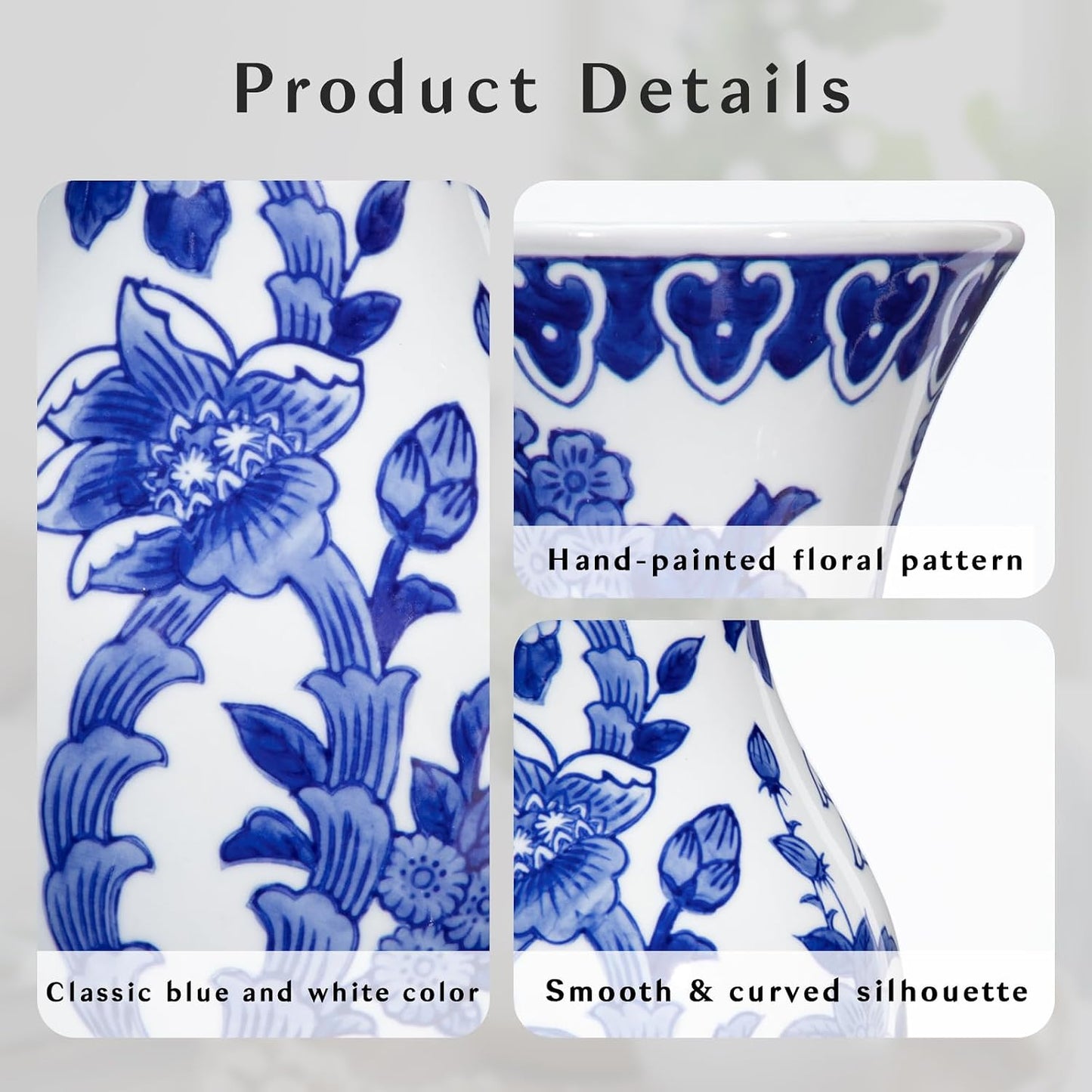 White Ceramic Vase / # Simple Floral Texture / Blue / 11 Inch