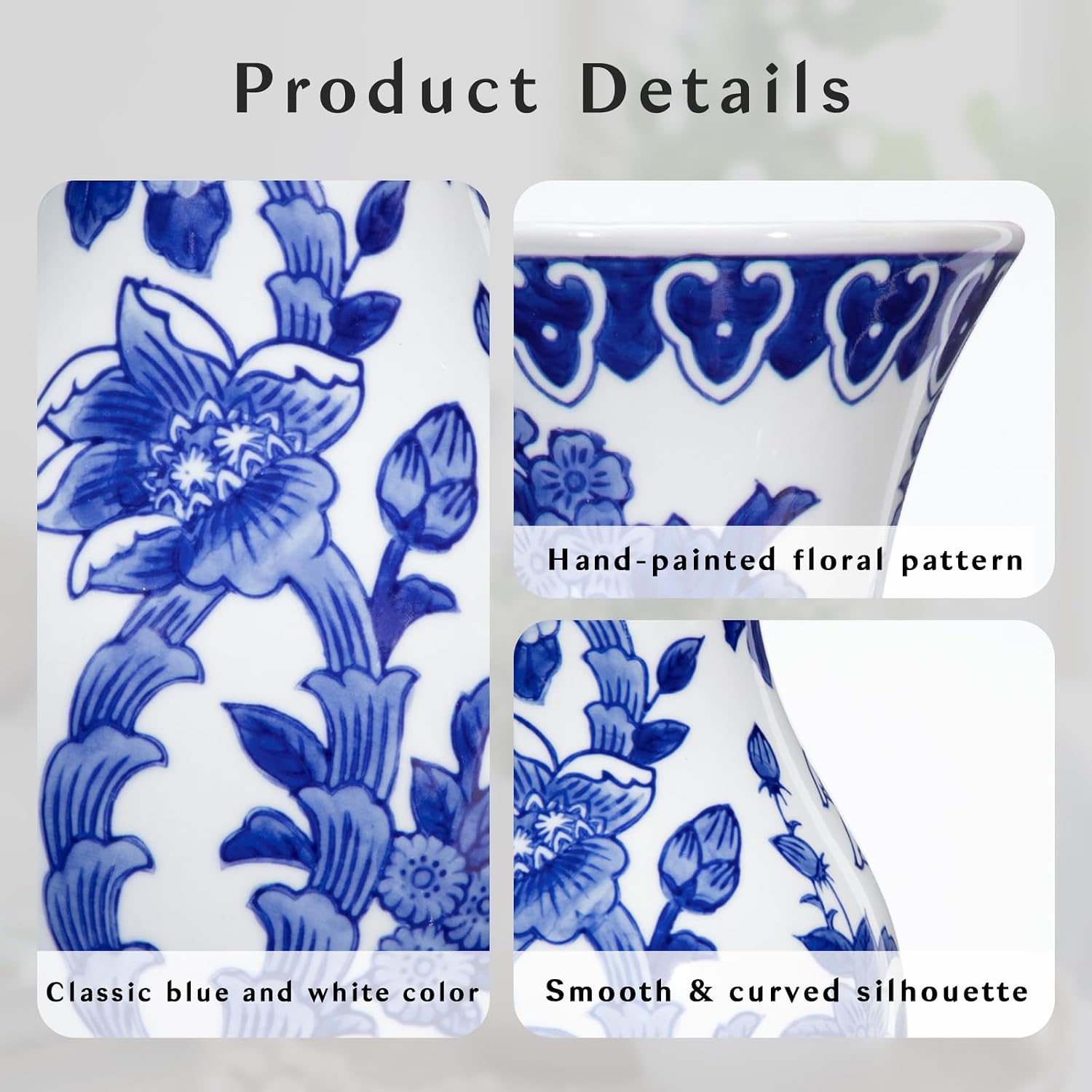 White Ceramic Vase / # Simple Floral Texture / Blue / 11 Inch
