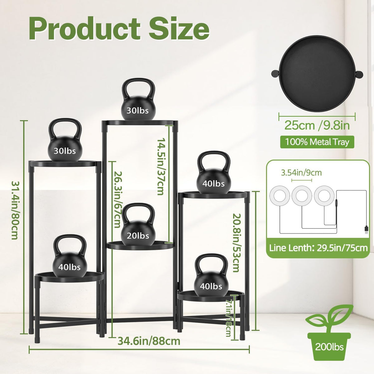 iDavosic.ly 6 Tier Large Plant Stand with Grow Light, 10 Inch Tray, Black | Tiered Metal Corner Heavy Duty Multiple