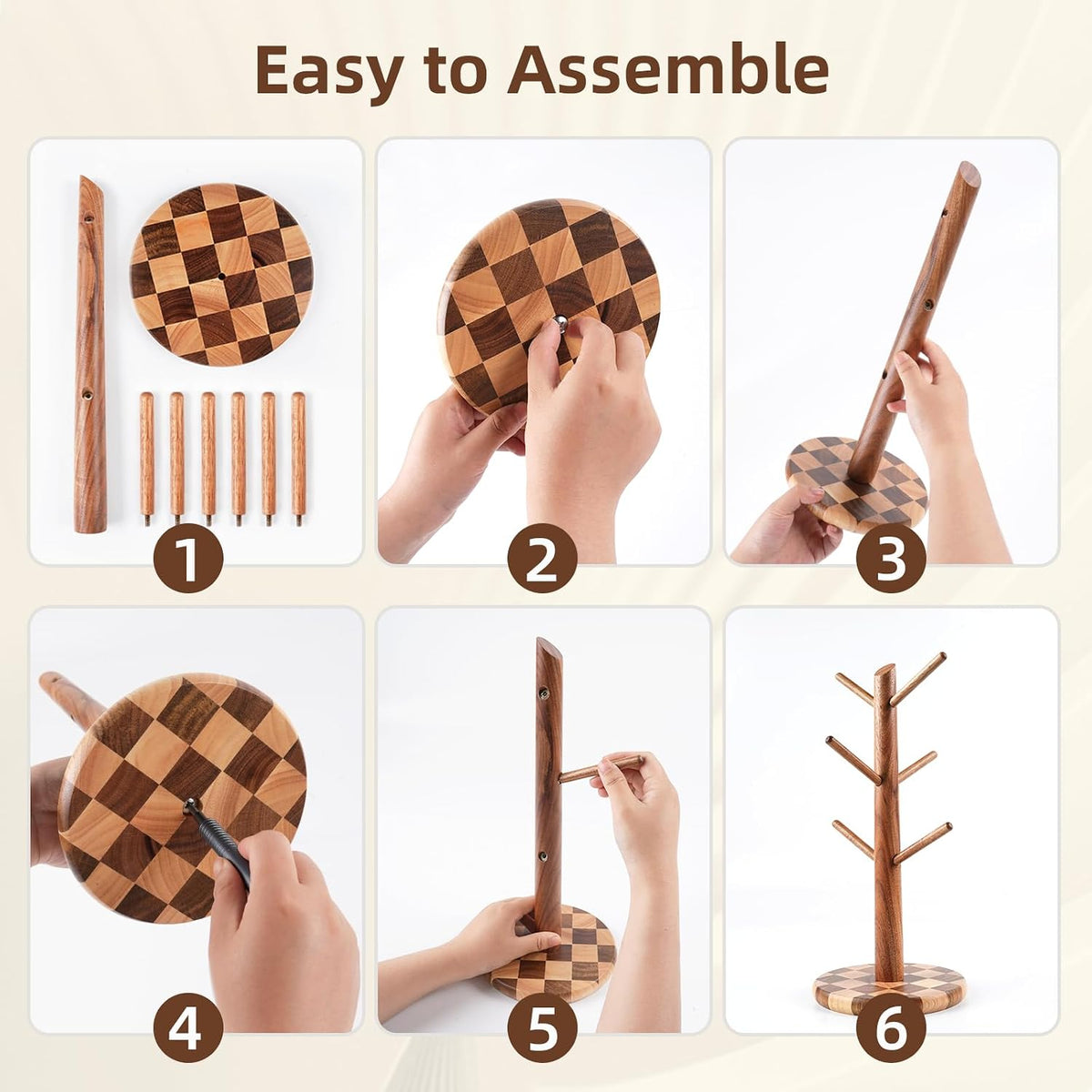 Natural Wood Mug Holder for Counter Top, Acacia Wood Coffee Mug Tree | Non-Slip Wooden Mug Organizer for Kitchen